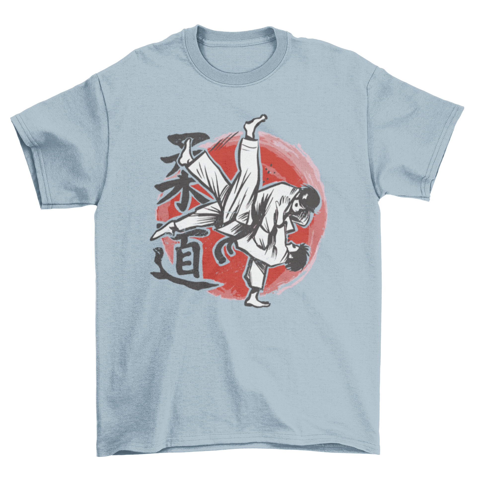 A stylish t-shirt featuring hand drawn illustrations of two judo fighters in action, showcasing the sport's dynamic movement.