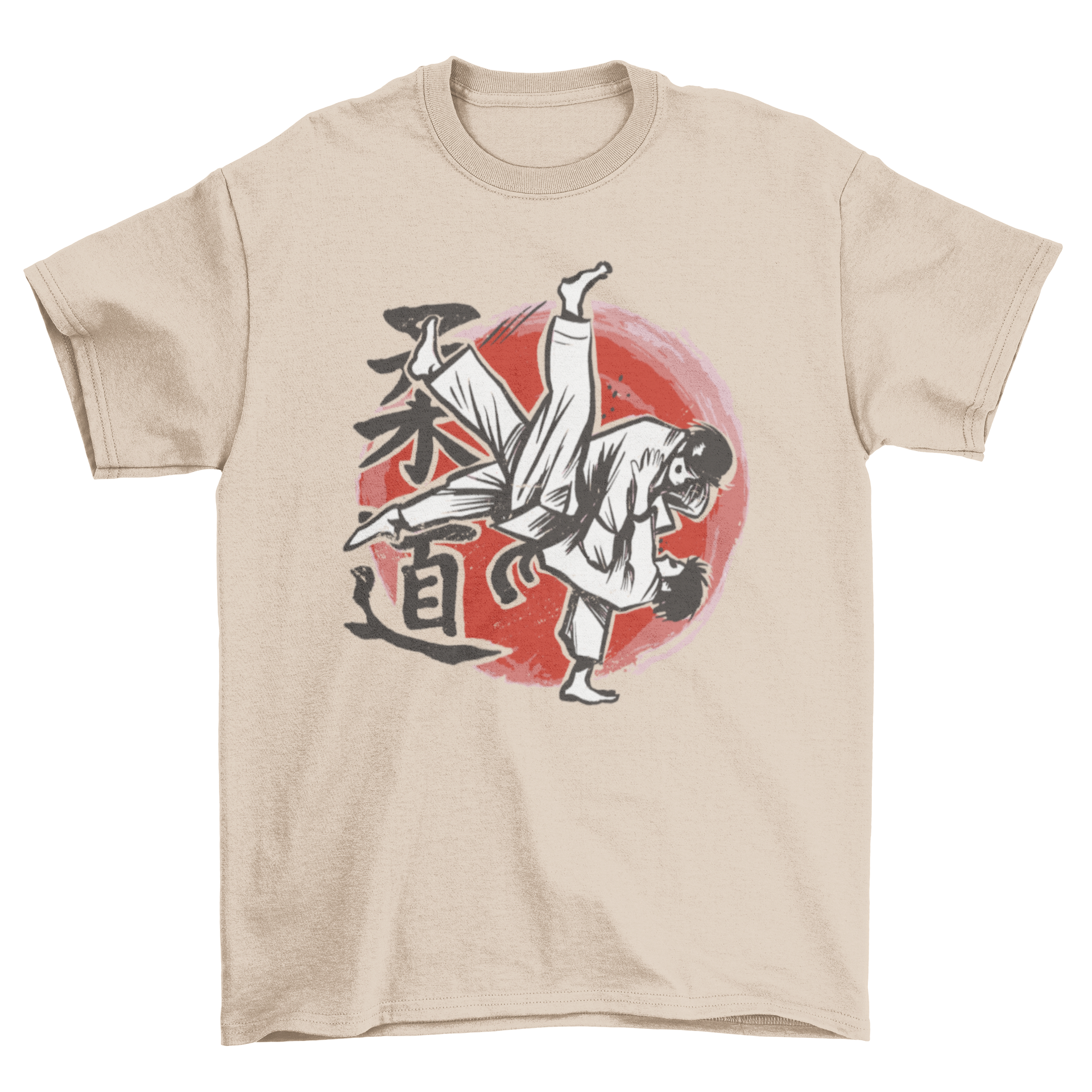 A stylish t-shirt featuring hand drawn illustrations of two judo fighters in action, showcasing the sport's dynamic movement.