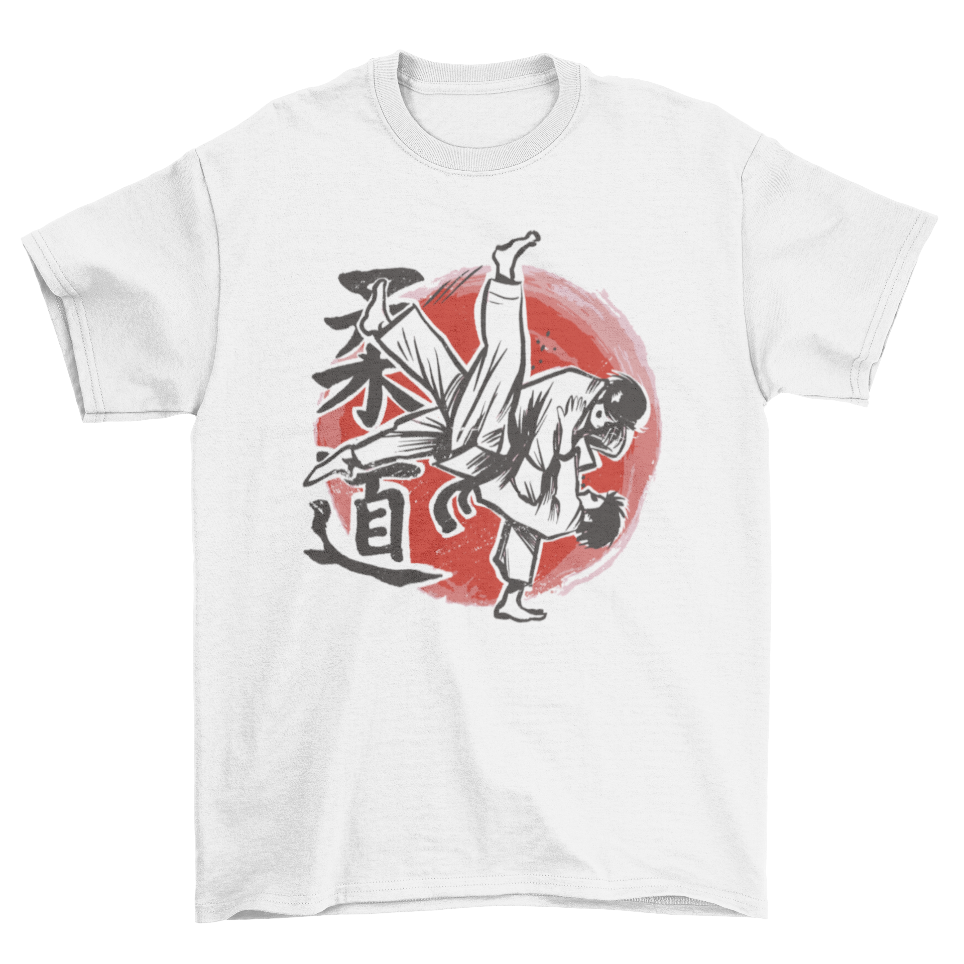 A stylish t-shirt featuring hand drawn illustrations of two judo fighters in action, showcasing the sport's dynamic movement.