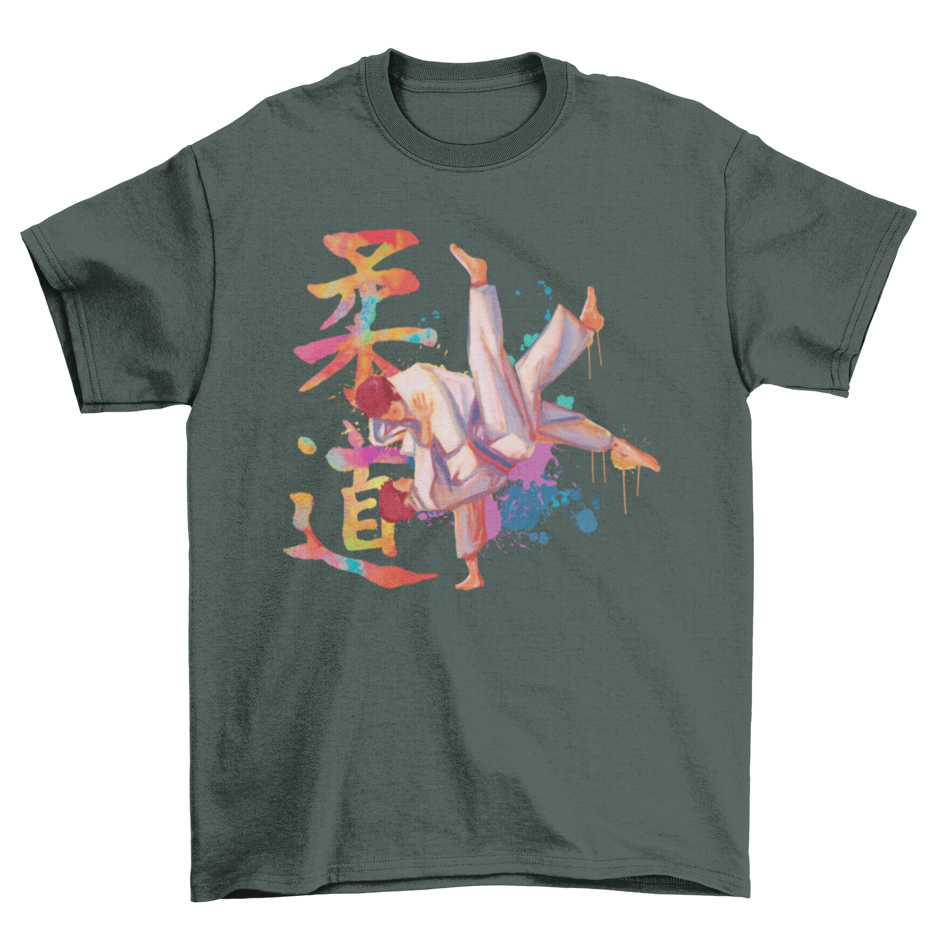 A stylish Judo watercolor t-shirt featuring two men practicing judo with Japanese kanji in a vibrant watercolor style.