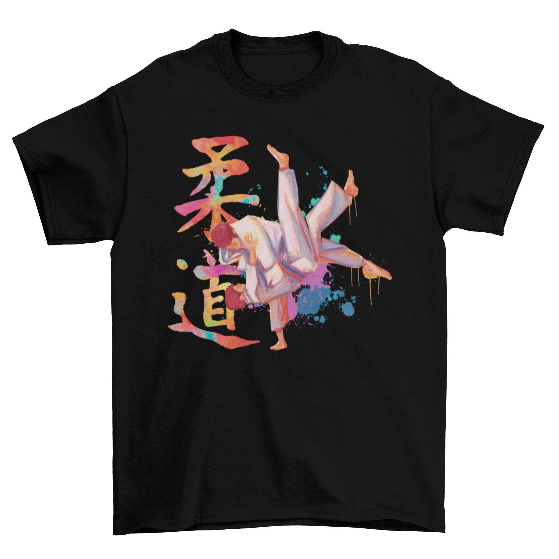 A stylish Judo watercolor t-shirt featuring two men practicing judo with Japanese kanji in a vibrant watercolor style.