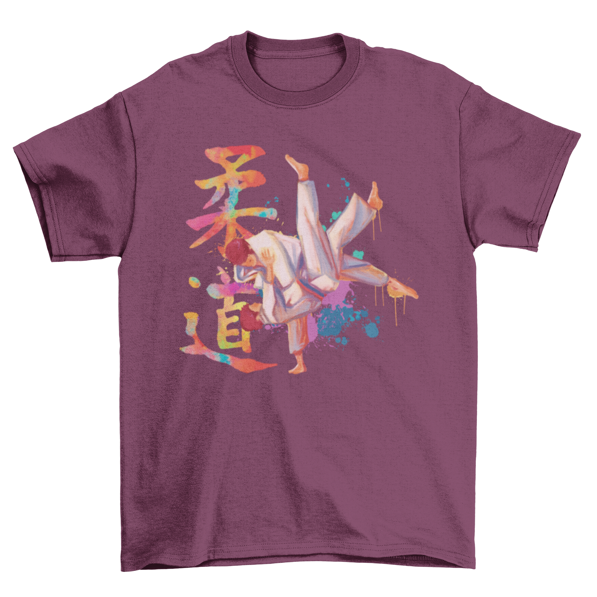 A stylish Judo watercolor t-shirt featuring two men practicing judo with Japanese kanji in a vibrant watercolor style.