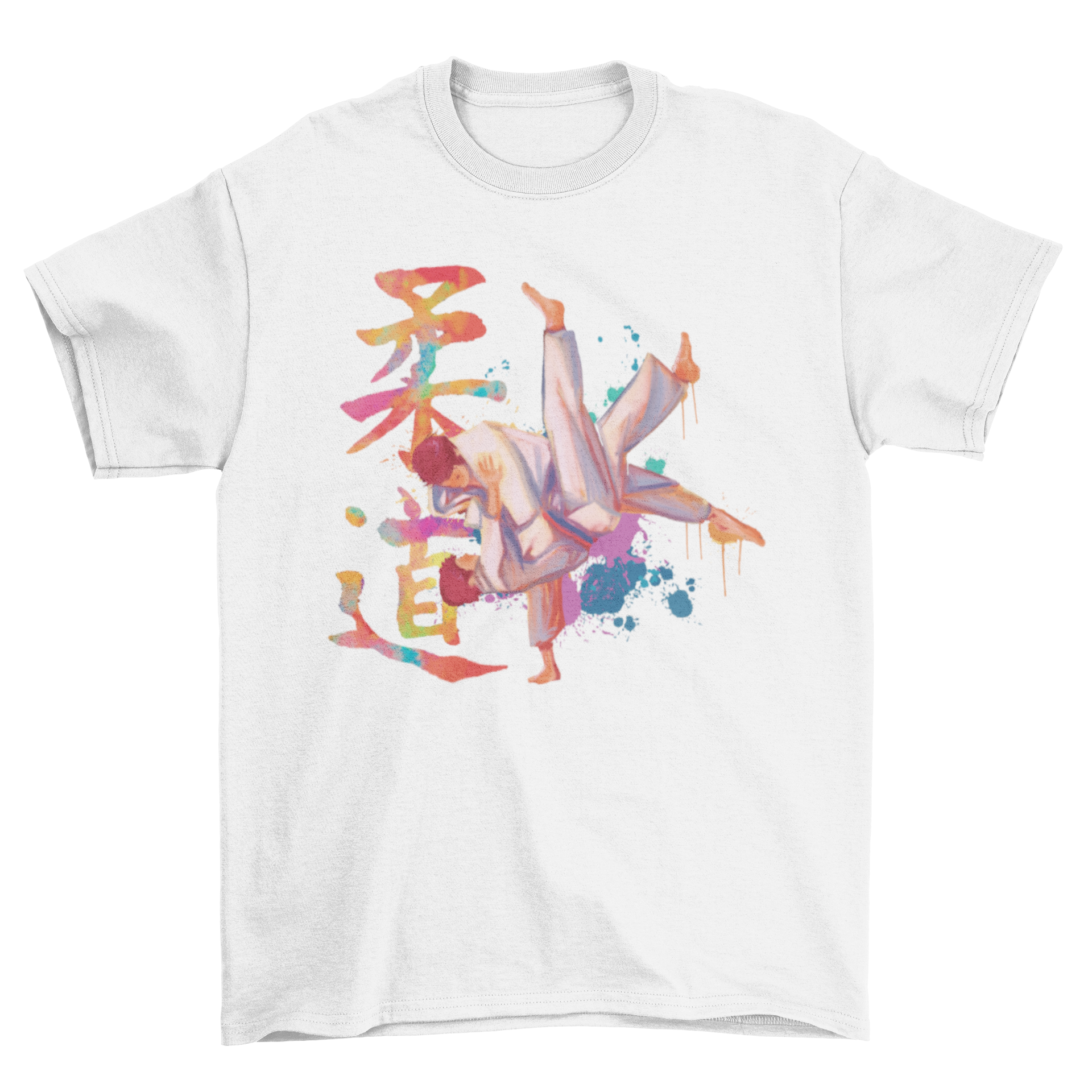 A stylish Judo watercolor t-shirt featuring two men practicing judo with Japanese kanji in a vibrant watercolor style.