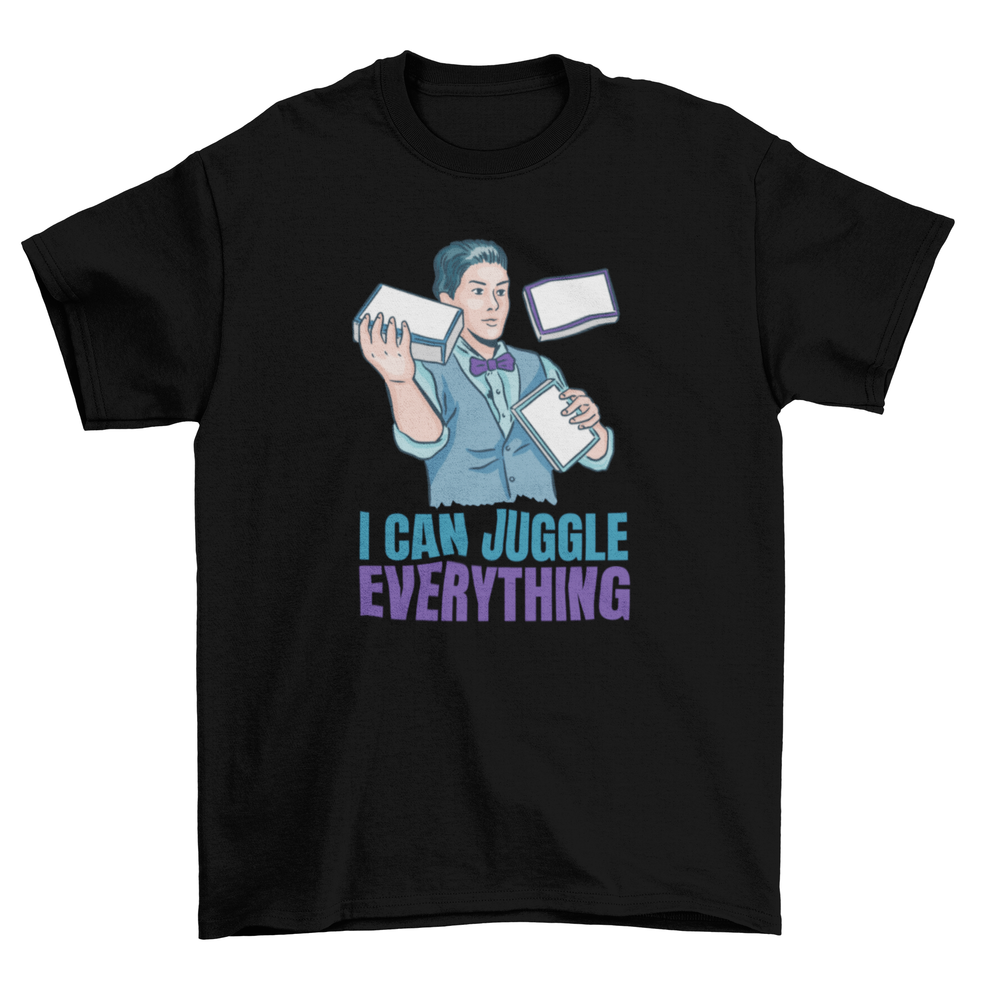 A stylish t-shirt featuring a juggling man graphic and the quote 'I can juggle everything', perfect for juggling enthusiasts.