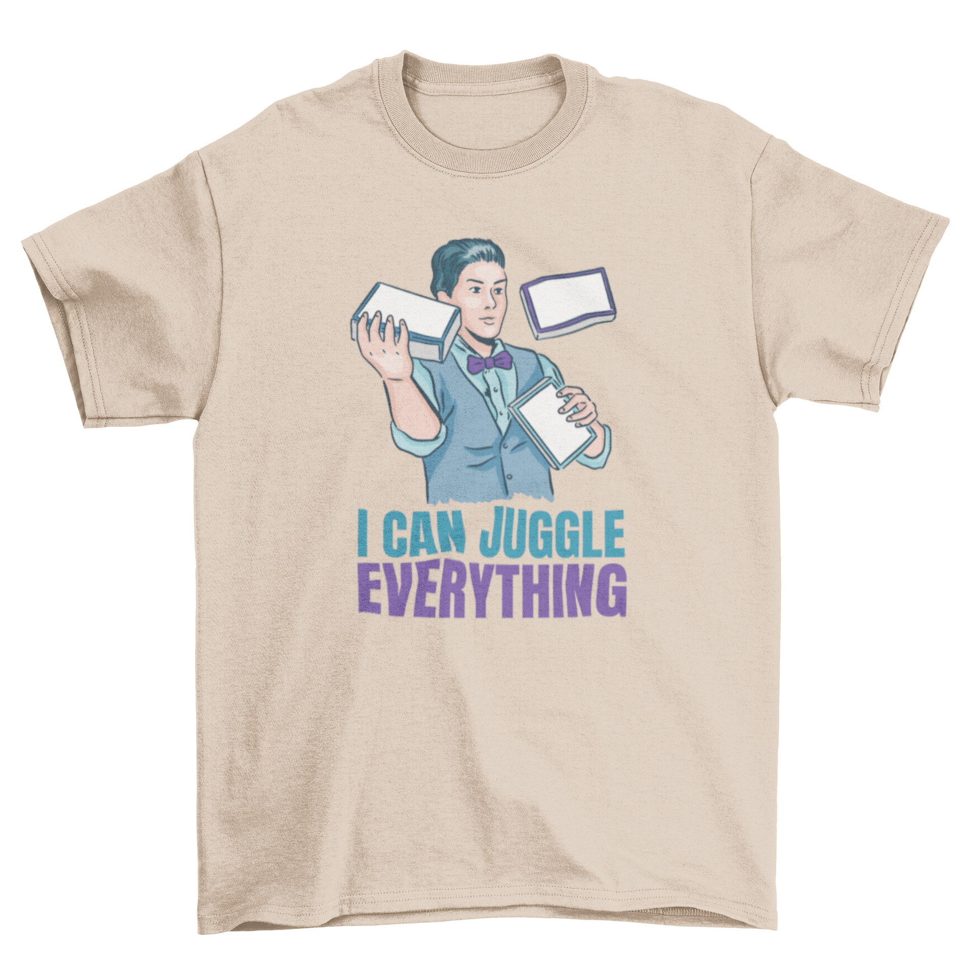 A stylish t-shirt featuring a juggling man graphic and the quote 'I can juggle everything', perfect for juggling enthusiasts.