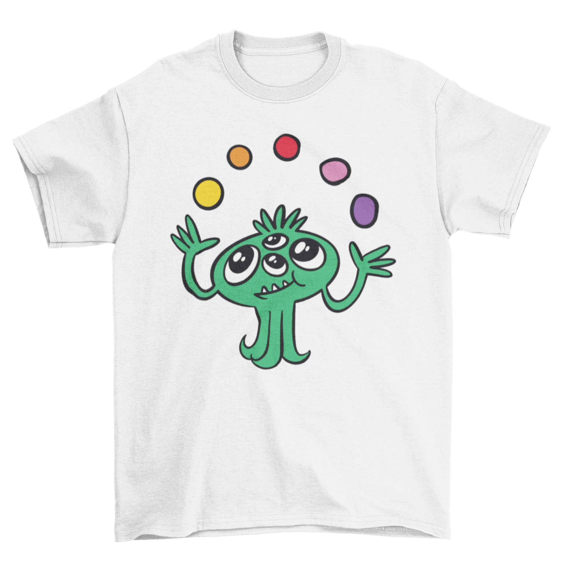 A playful t-shirt design featuring a four-eyed green monster juggling colorful balls, perfect for casual wear.