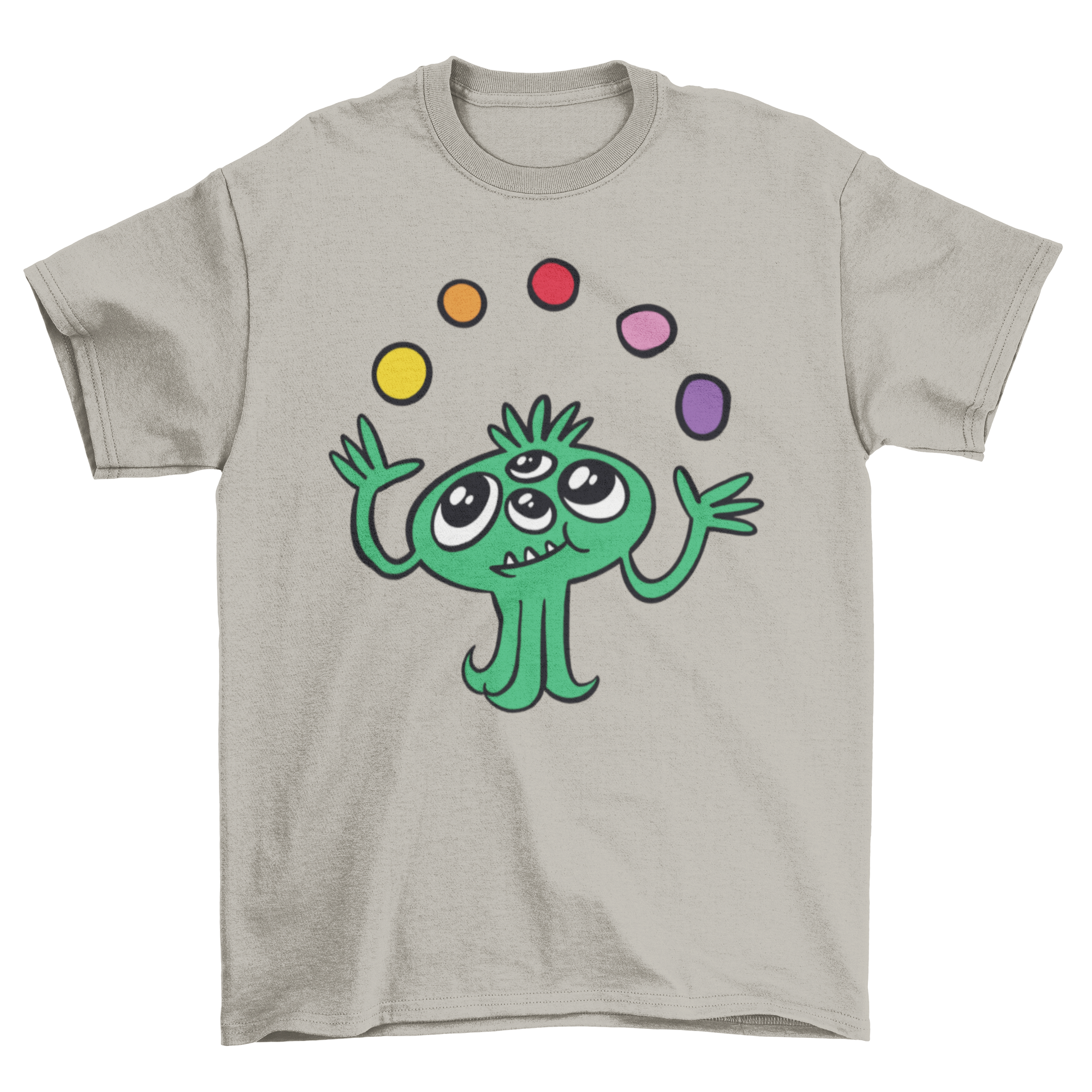 A playful t-shirt design featuring a four-eyed green monster juggling colorful balls, perfect for casual wear.