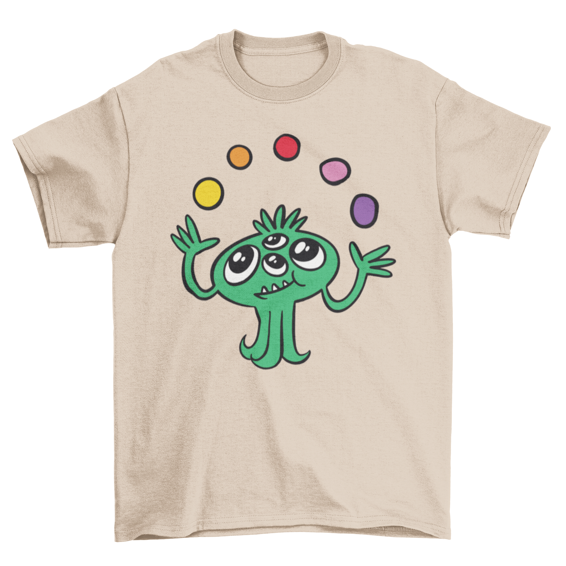 A playful t-shirt design featuring a four-eyed green monster juggling colorful balls, perfect for casual wear.