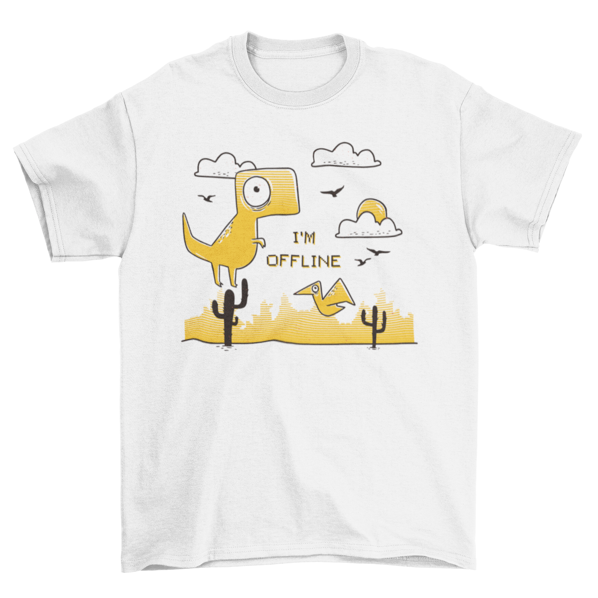 A playful t-shirt featuring a jumping dinosaur and the quote 'I'm offline', perfect for gamers.