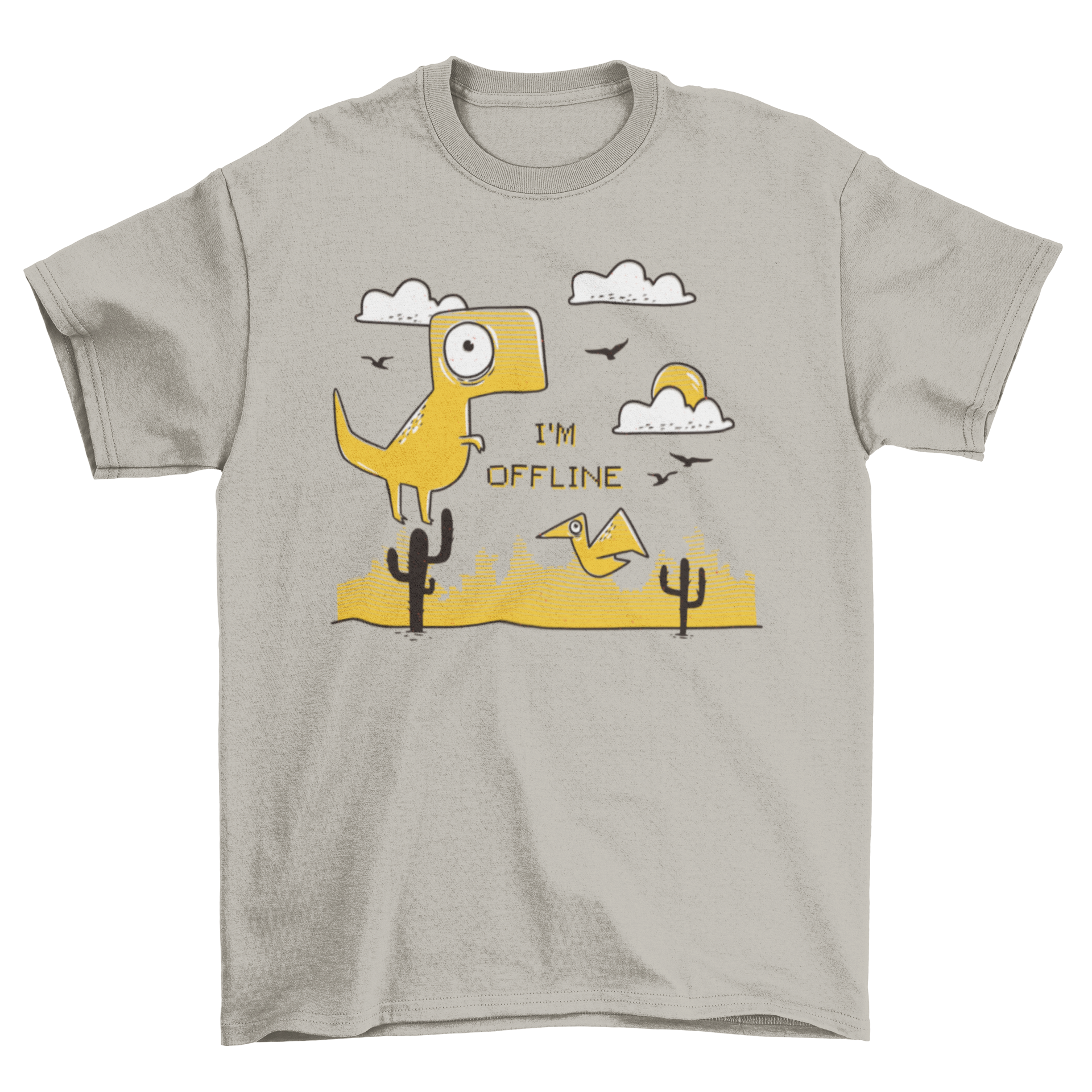 A playful t-shirt featuring a jumping dinosaur and the quote 'I'm offline', perfect for gamers.