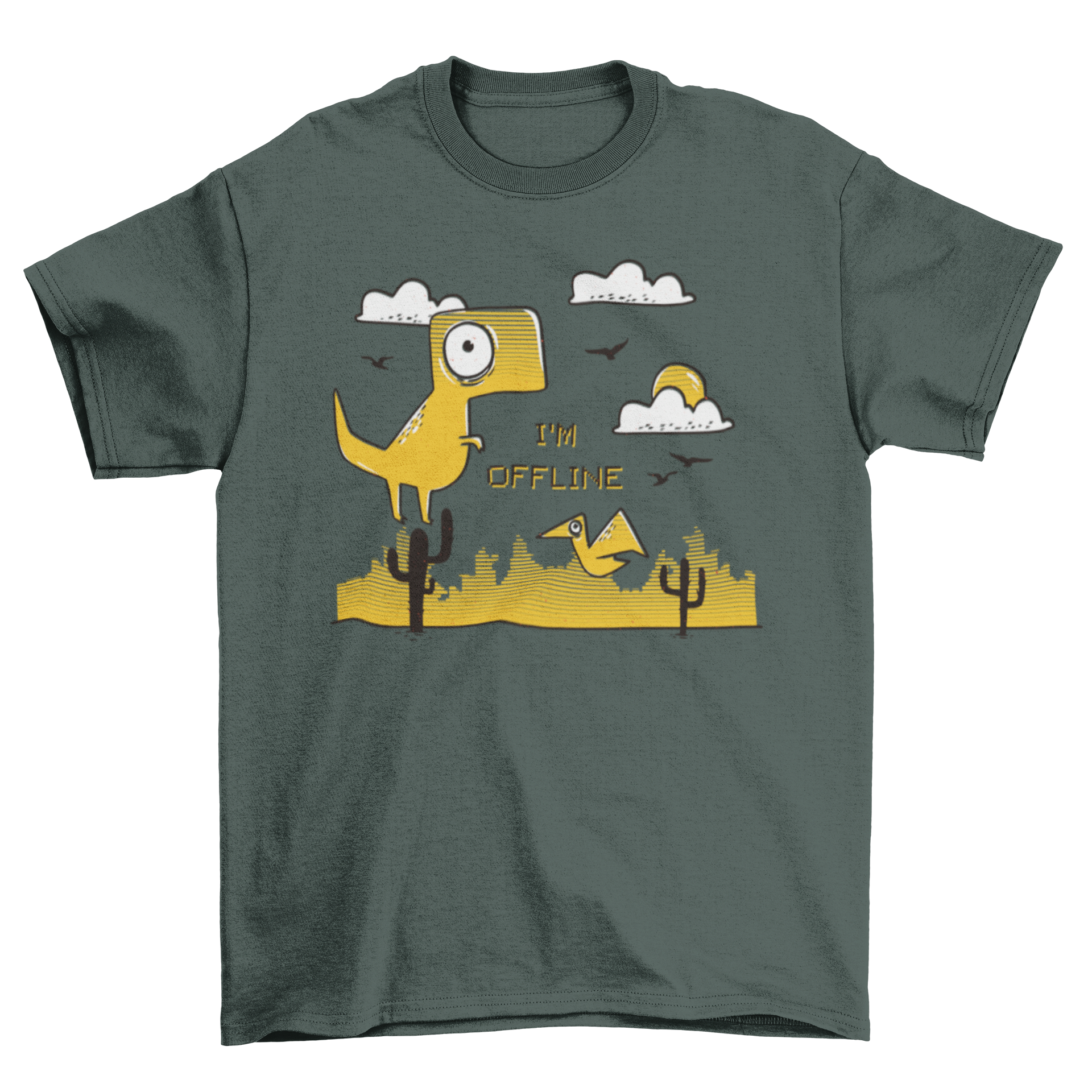 A playful t-shirt featuring a jumping dinosaur and the quote 'I'm offline', perfect for gamers.