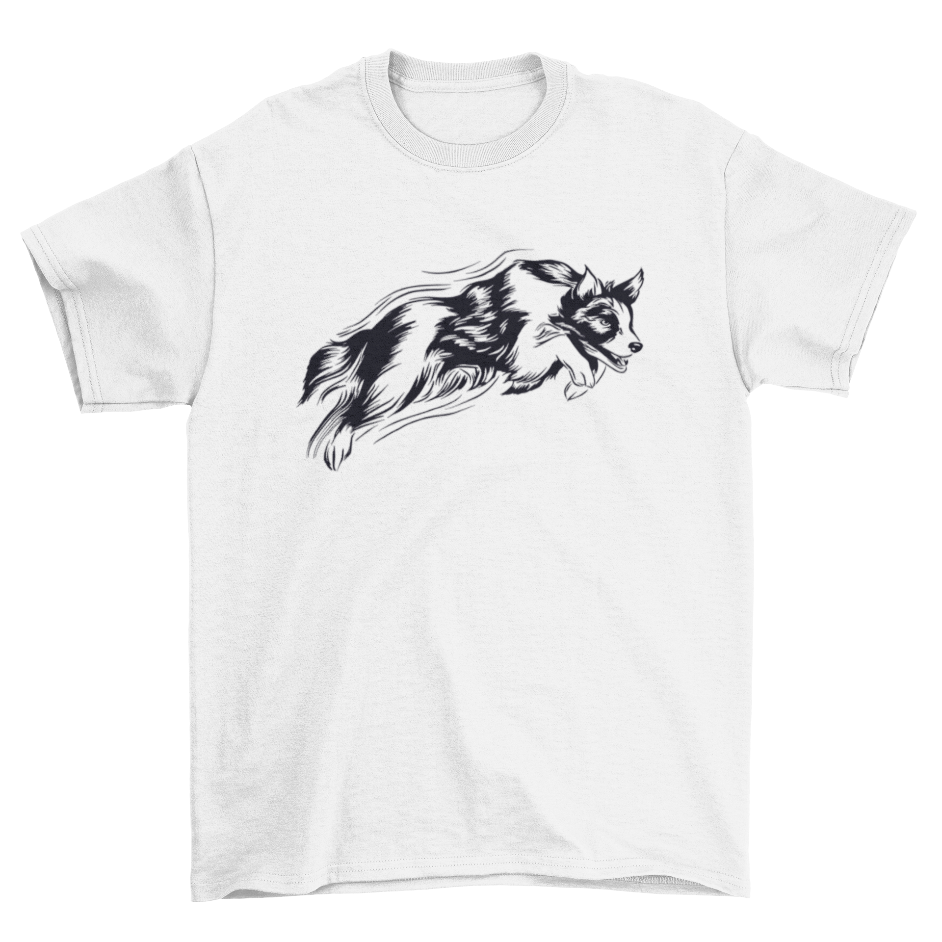 A stylish t-shirt featuring a hand-drawn design of a jumping dog, perfect for dog lovers.