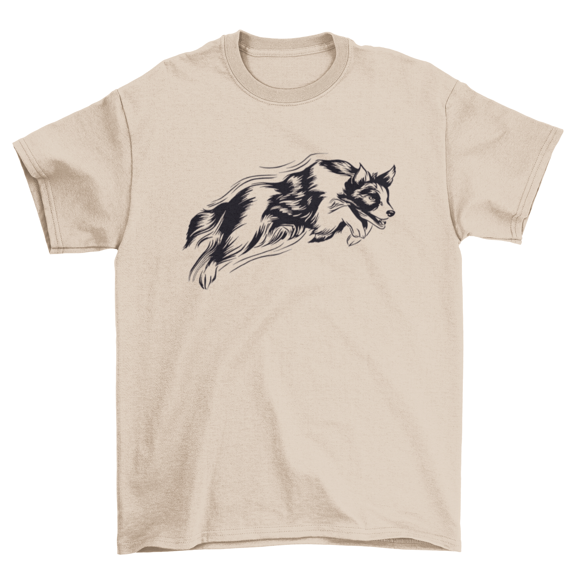 A stylish t-shirt featuring a hand-drawn design of a jumping dog, perfect for dog lovers.