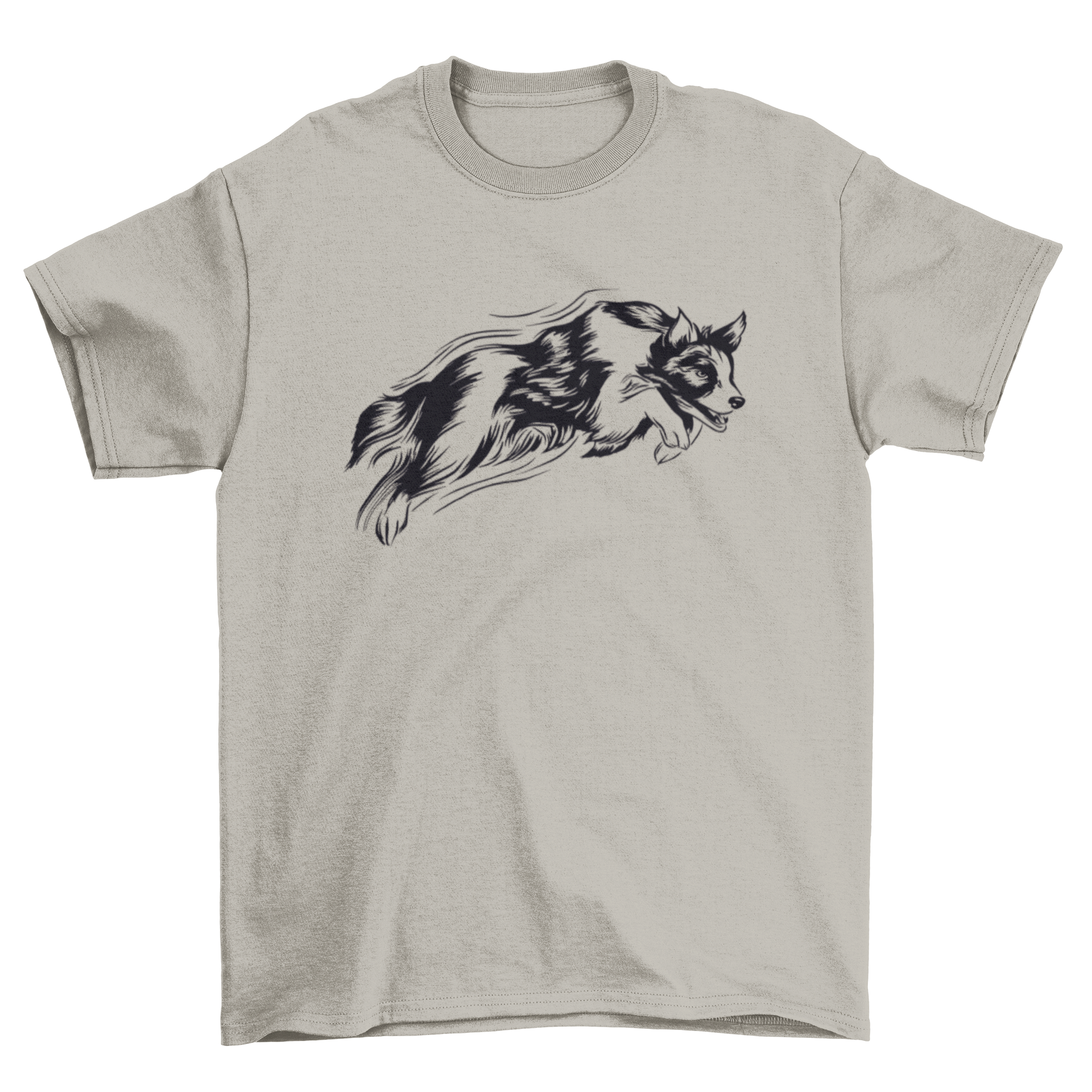 A stylish t-shirt featuring a hand-drawn design of a jumping dog, perfect for dog lovers.