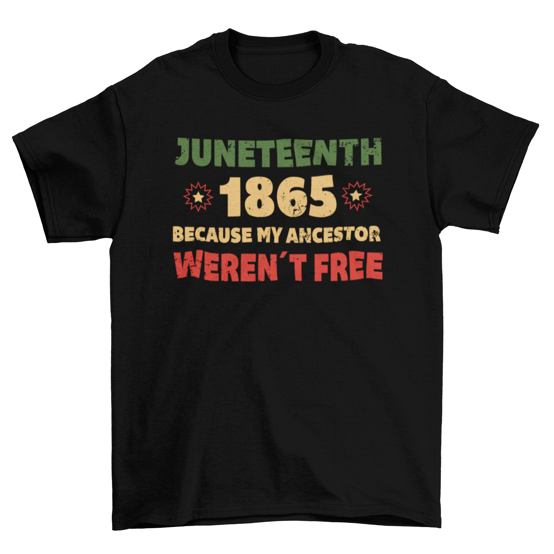 Juneteenth 1865 t-shirt design featuring textured quote about freedom.