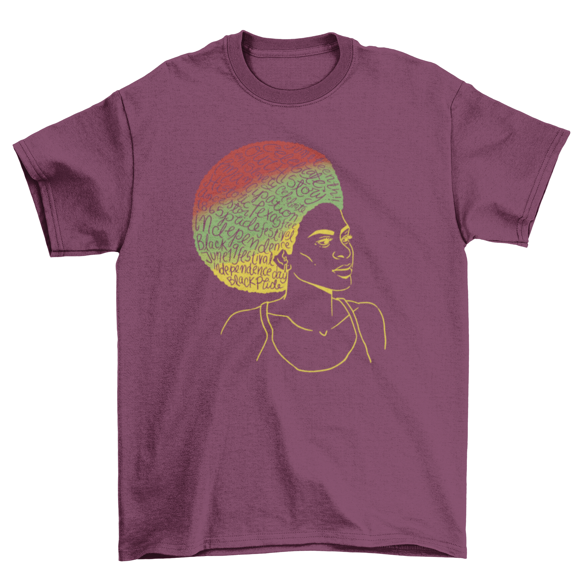 Juneteenth t-shirt featuring an African American woman with quotes in her hair, celebrating freedom and culture.