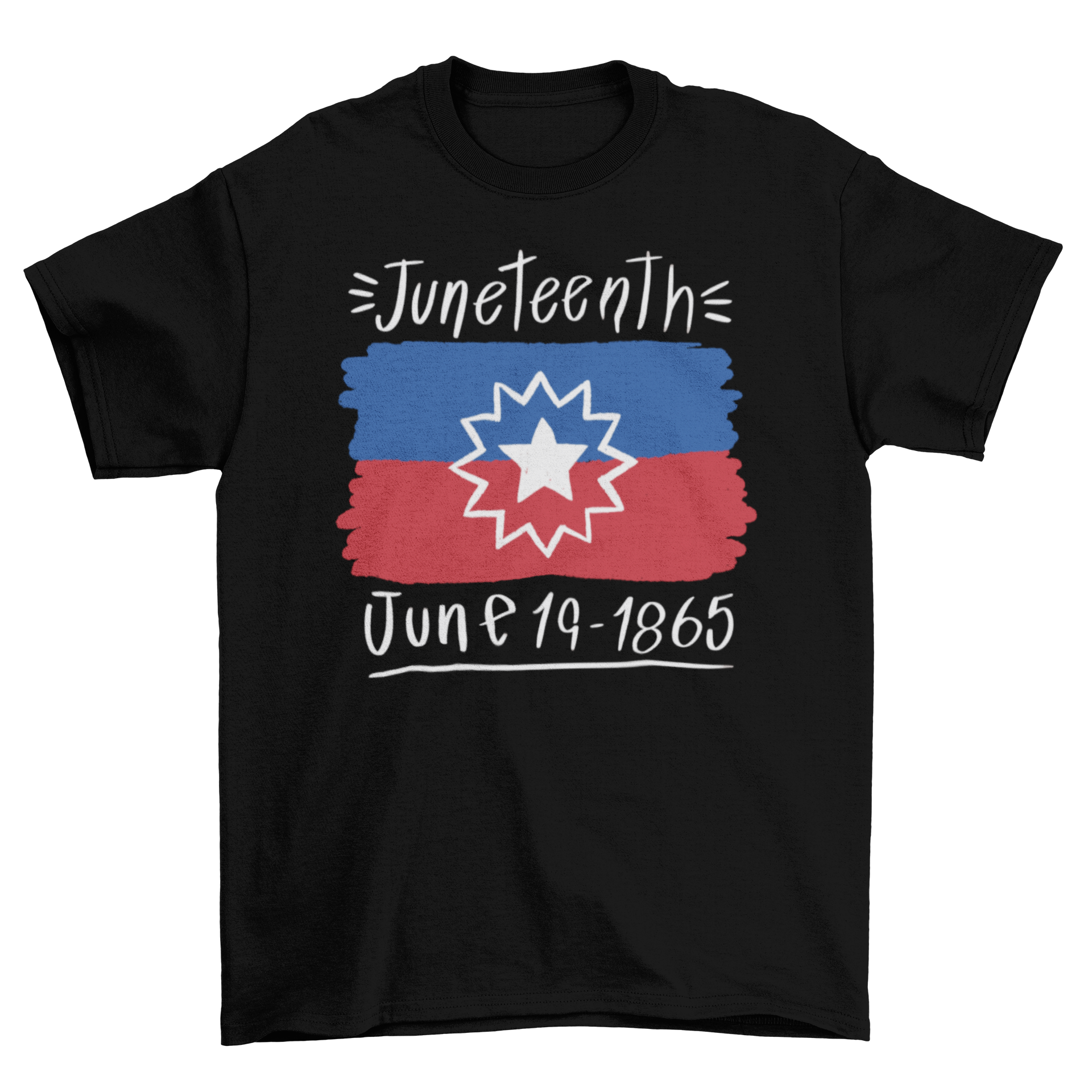 Juneteenth flag t-shirt featuring the flag design and the quote 'Juneteenth. June 19-1865'.