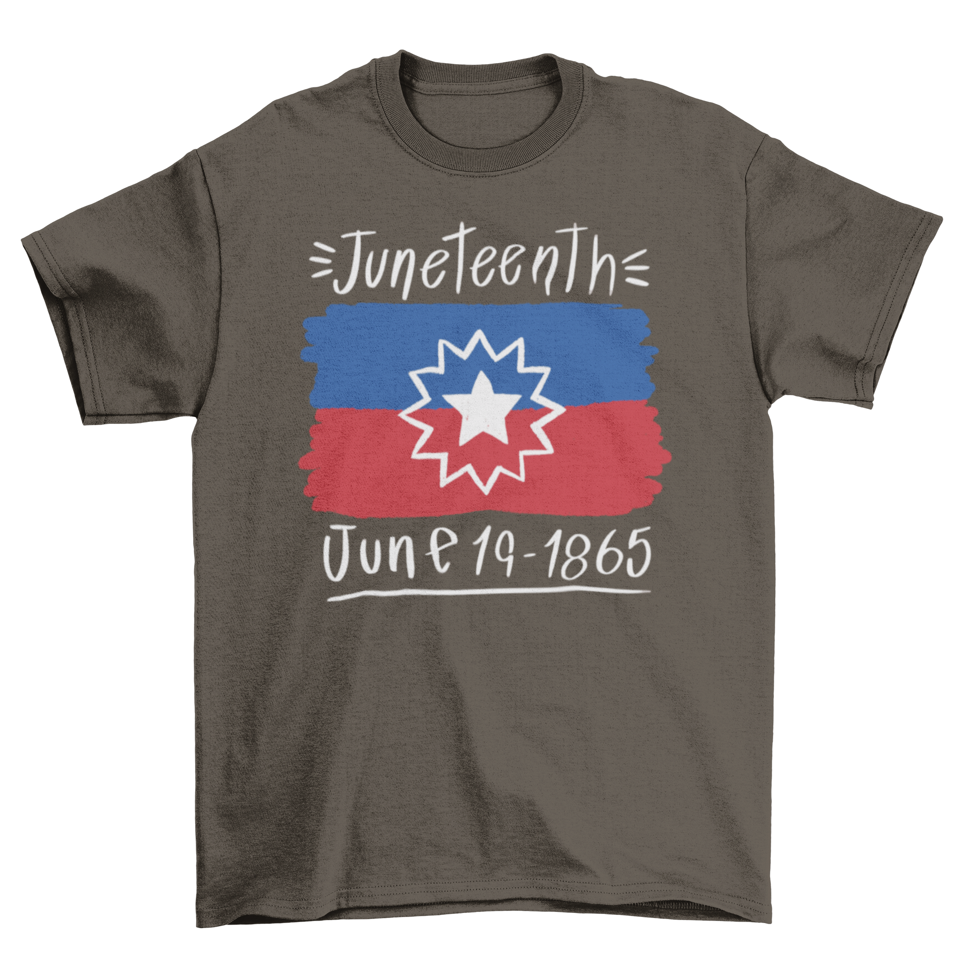 Juneteenth flag t-shirt featuring the flag design and the quote 'Juneteenth. June 19-1865'.