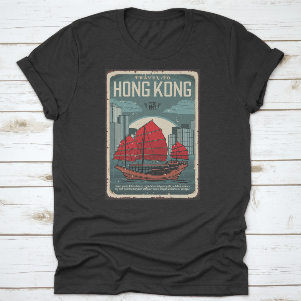 A comfortable t-shirt featuring a design of a junk boat with red sails, symbolizing Hong Kong's rich maritime heritage.