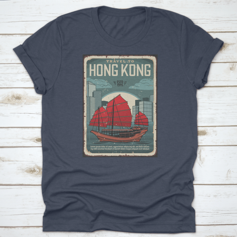 A comfortable t-shirt featuring a design of a junk boat with red sails, symbolizing Hong Kong's rich maritime heritage.