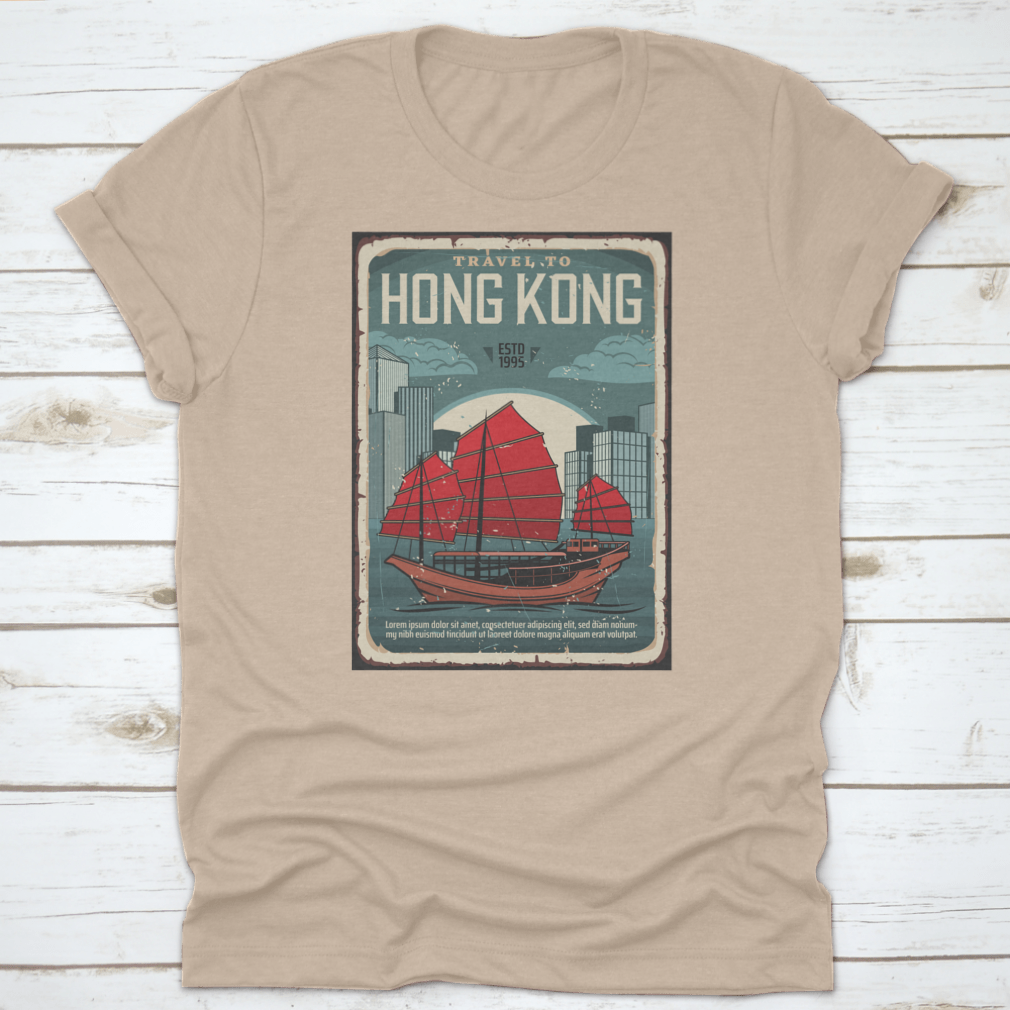 A comfortable t-shirt featuring a design of a junk boat with red sails, symbolizing Hong Kong's rich maritime heritage.