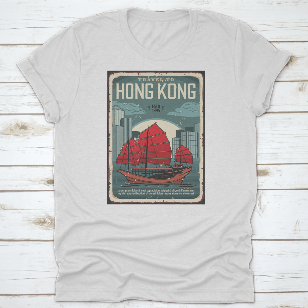 A comfortable t-shirt featuring a design of a junk boat with red sails, symbolizing Hong Kong's rich maritime heritage.