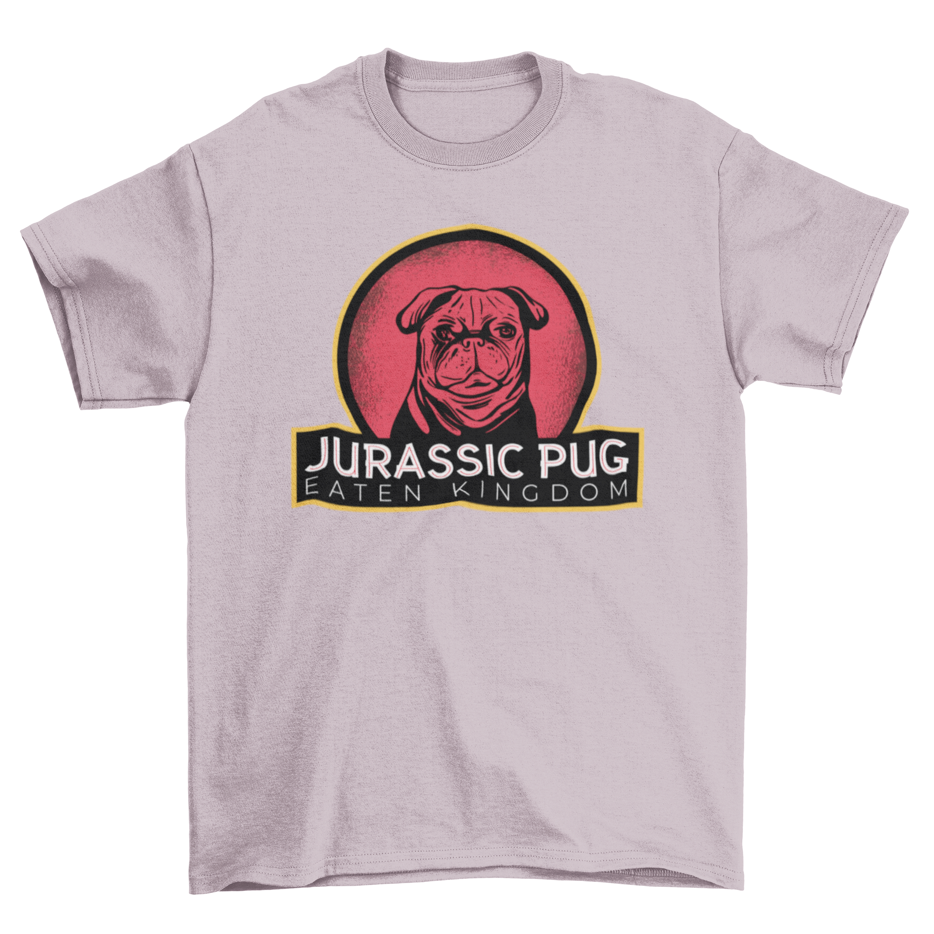 A humorous t-shirt featuring a pug with the quote 'Jurassic pug eaten kingdom', showcasing a playful design.