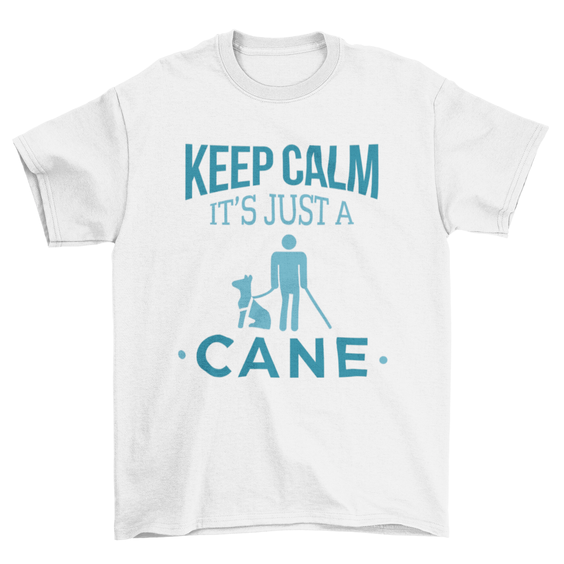 Just a Cane T-shirt featuring a blind man icon with a guide dog and cane, showcasing humorous blindness-themed design.