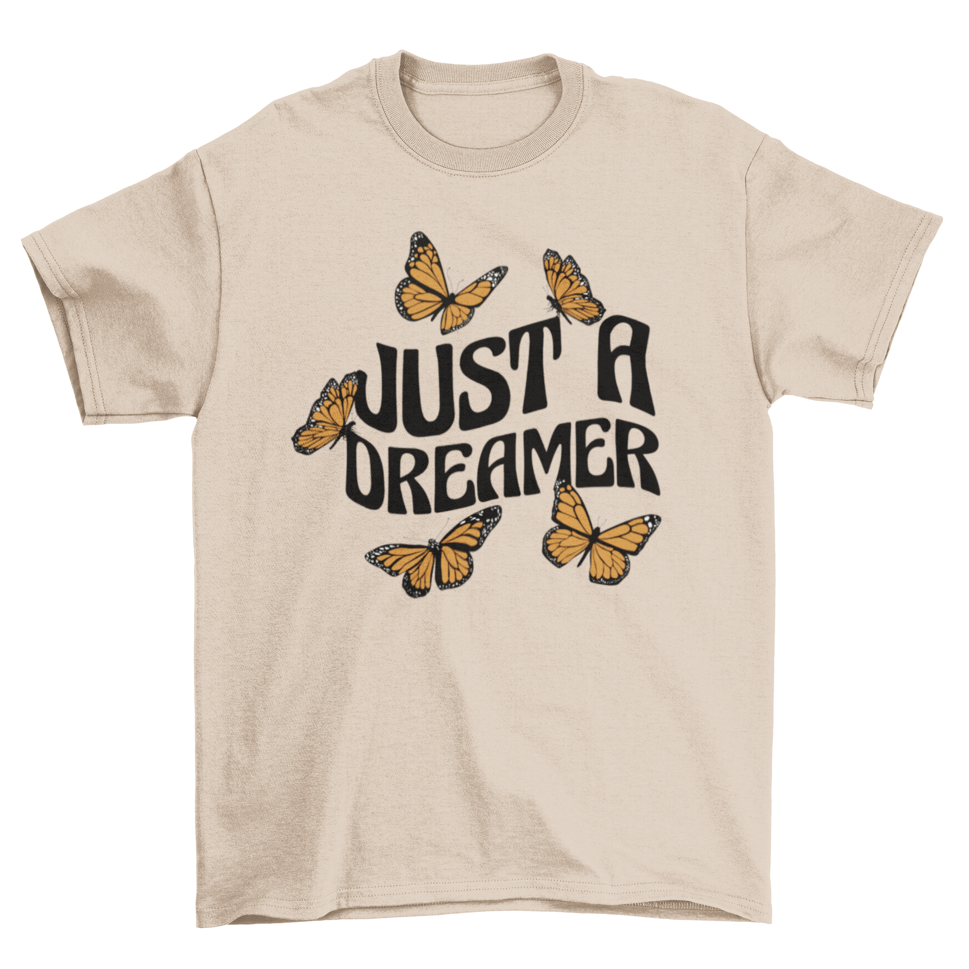 Just a Dreamer t-shirt featuring butterflies and inspirational lettering design.