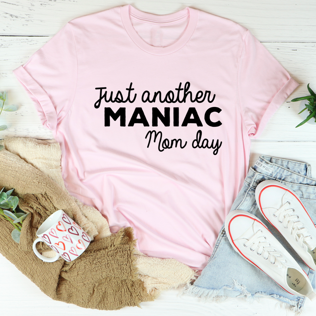 A stylish Just Another Manic Mom Day T-Shirt made of soft cotton, featuring double stitching for durability, perfect for busy moms.