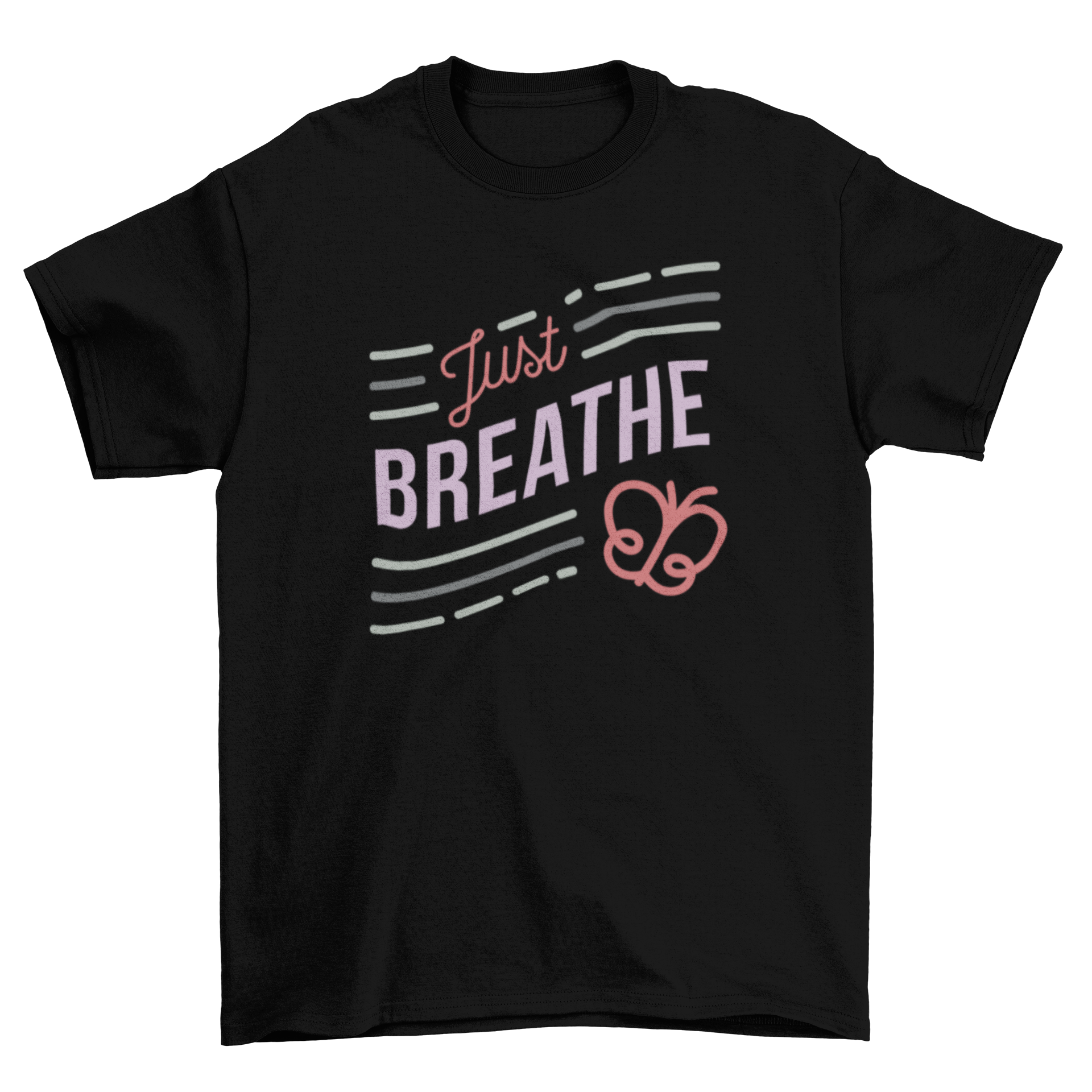 Just Breathe T-shirt featuring unique lettering and butterfly icon design in various styles.