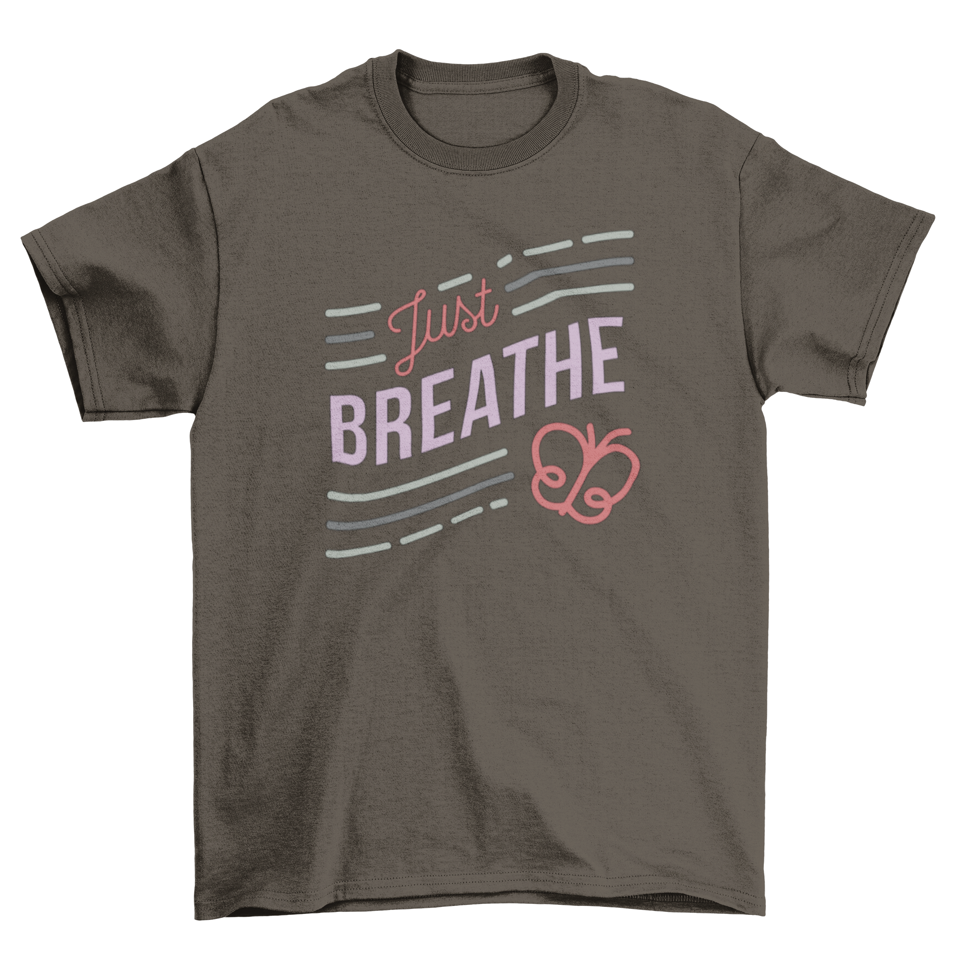 Just Breathe T-shirt featuring unique lettering and butterfly icon design in various styles.