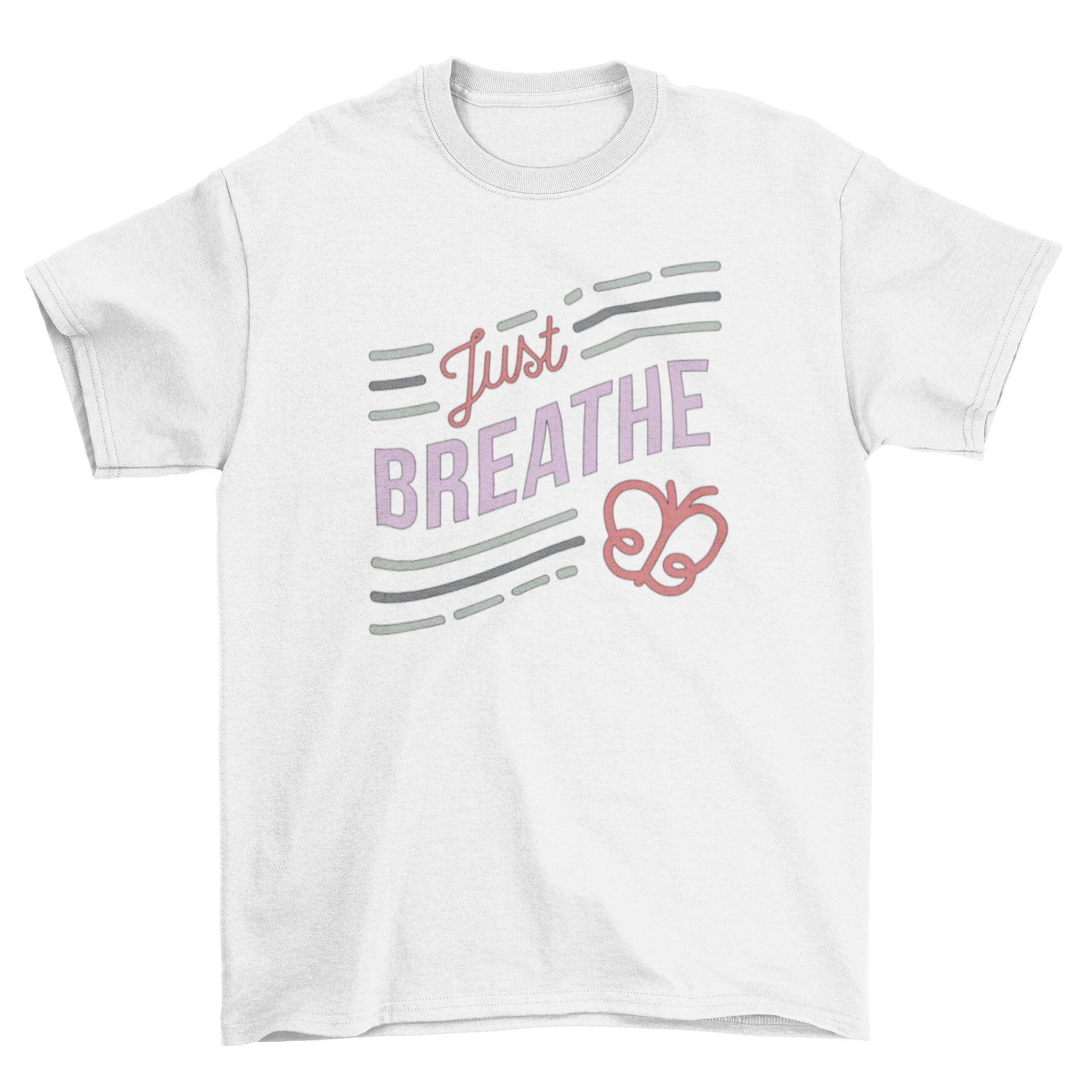 Just Breathe T-shirt featuring unique lettering and butterfly icon design in various styles.