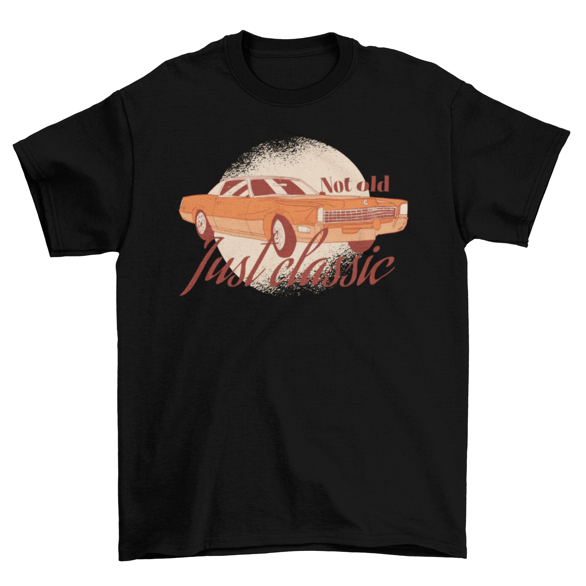 A stylish t-shirt featuring a vintage car design with the quote 'Not old, just classic', perfect for car enthusiasts.