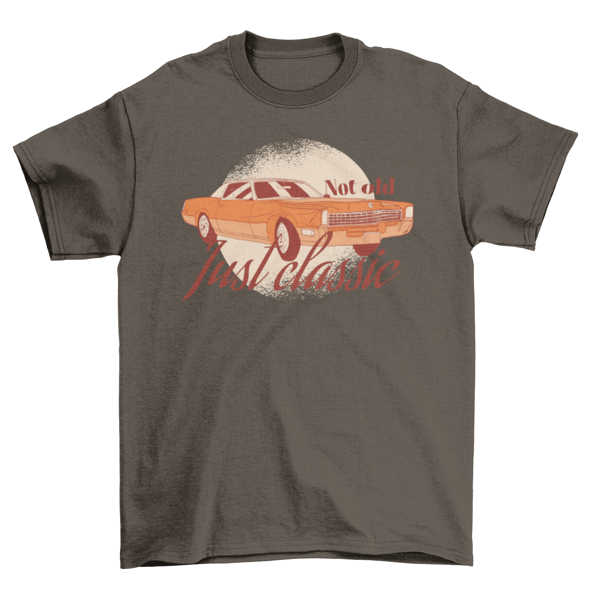 A stylish t-shirt featuring a vintage car design with the quote 'Not old, just classic', perfect for car enthusiasts.