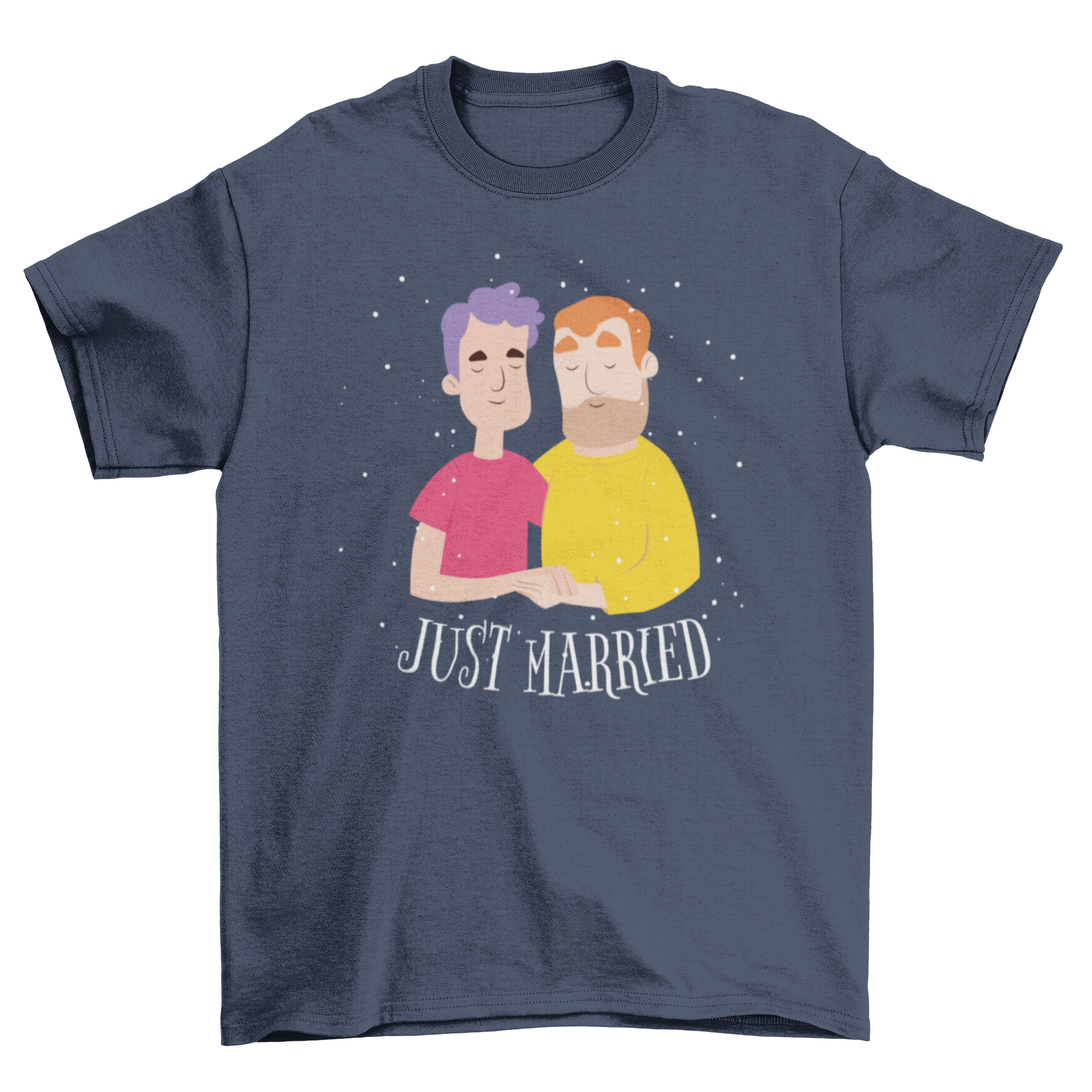 Just Married t-shirt featuring two men holding hands with a quote.