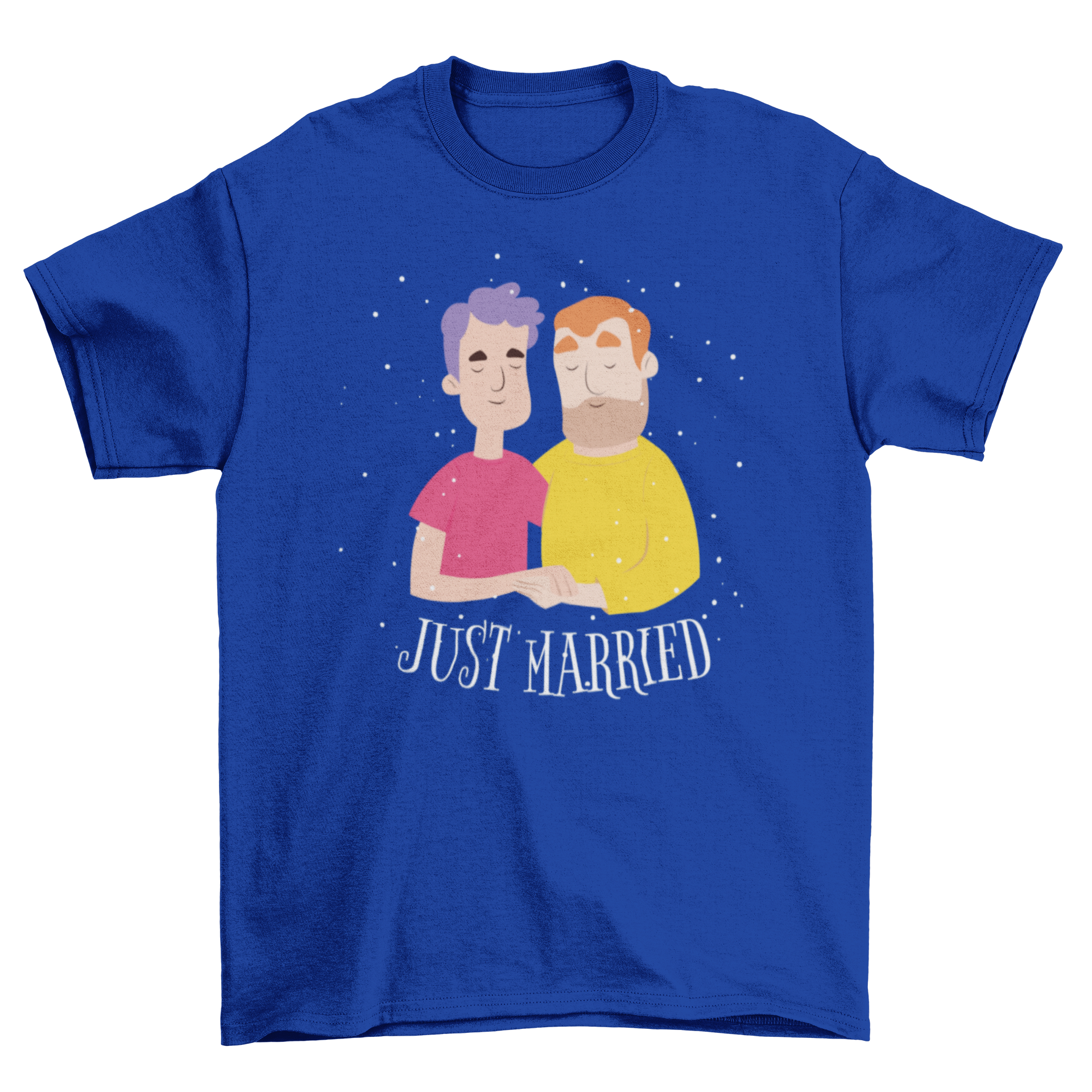 Just Married t-shirt featuring two men holding hands with a quote.