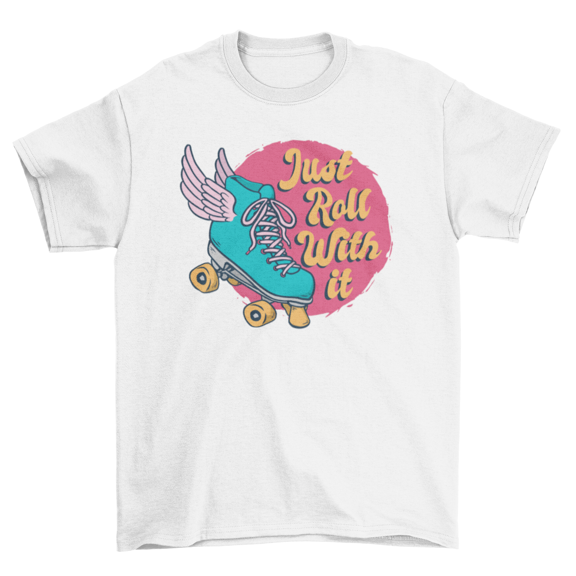 Just Roll T-Shirt featuring a winged roller skate design and the quote 'Just roll with it'.