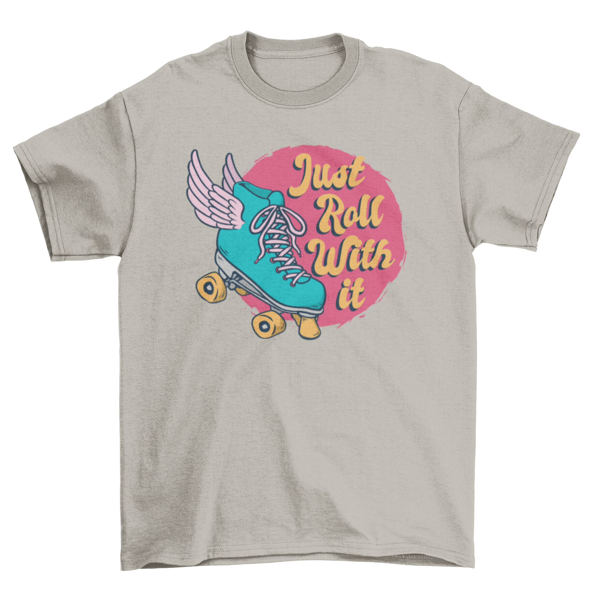 Just Roll T-Shirt featuring a winged roller skate design and the quote 'Just roll with it'.