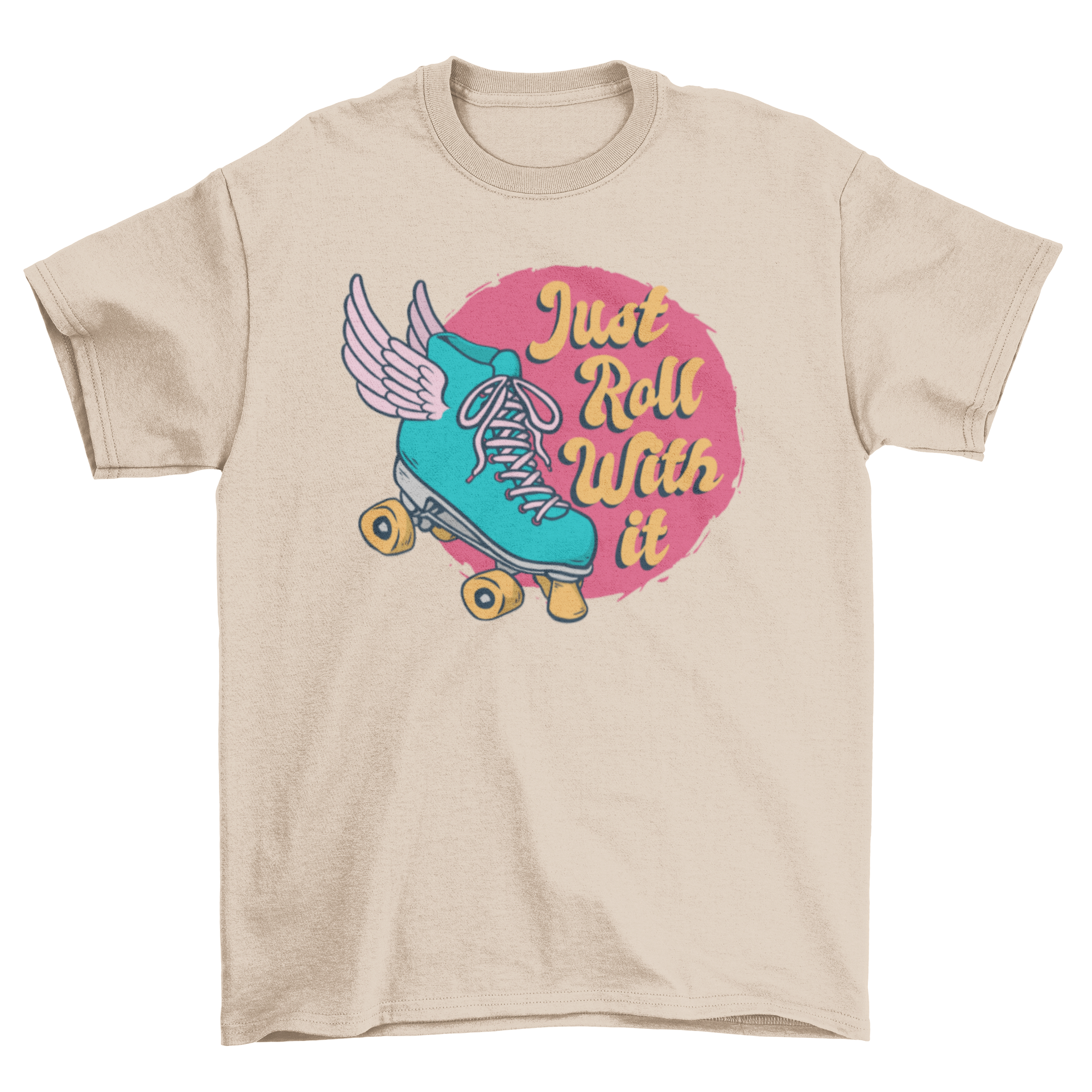 Just Roll T-Shirt featuring a winged roller skate design and the quote 'Just roll with it'.