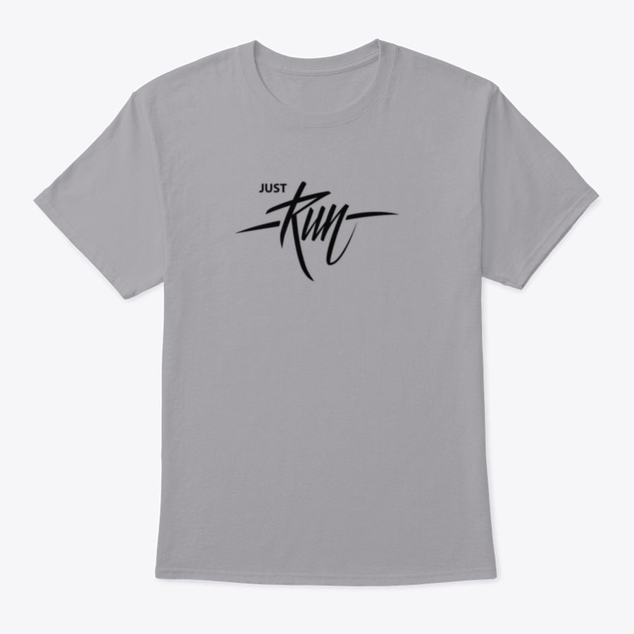 A comfortable cotton T-shirt featuring handwritten lettering that says 'Just Run', perfect for motivation and inspiration during workouts.