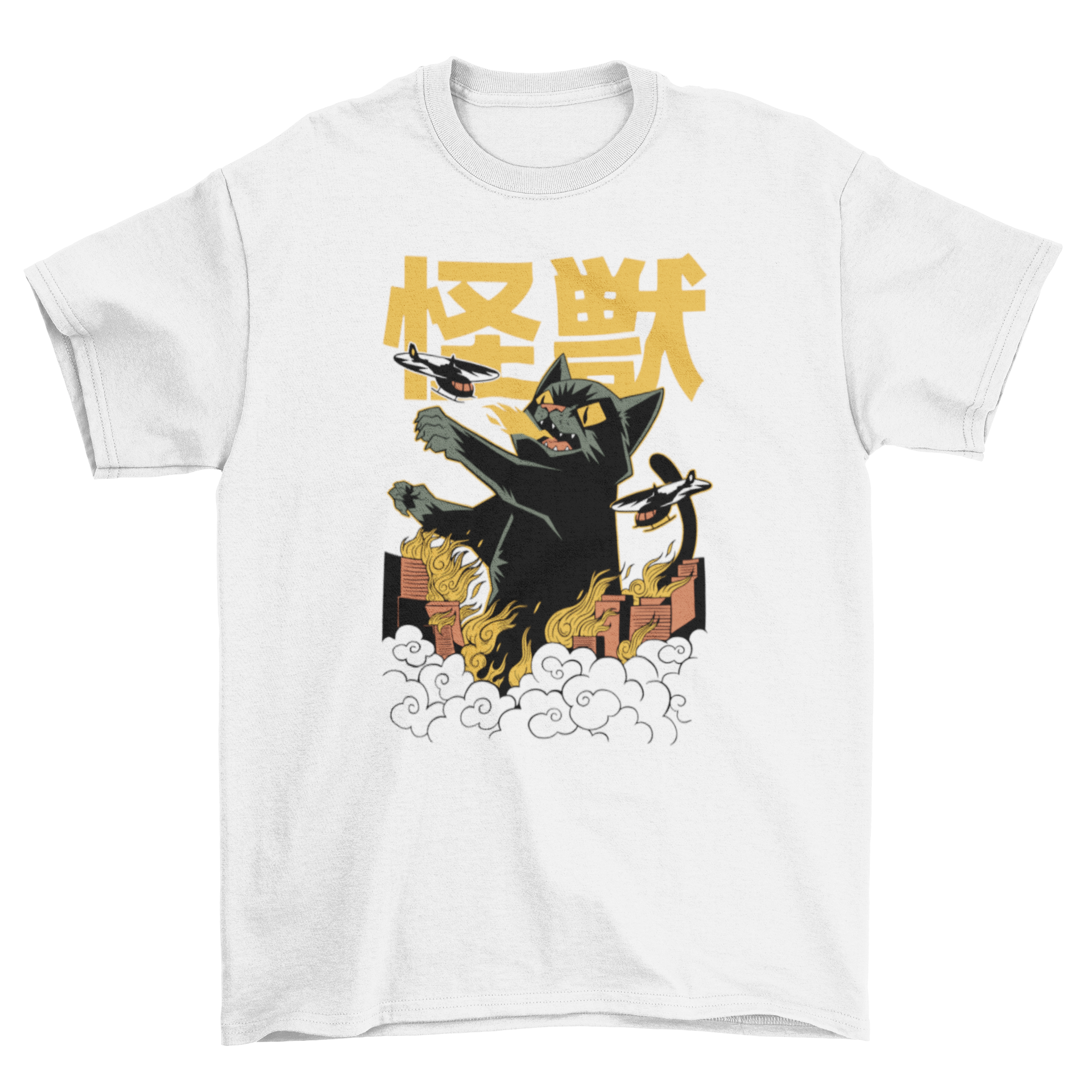 A vibrant t-shirt featuring a giant cat monster in anime style, destroying buildings.