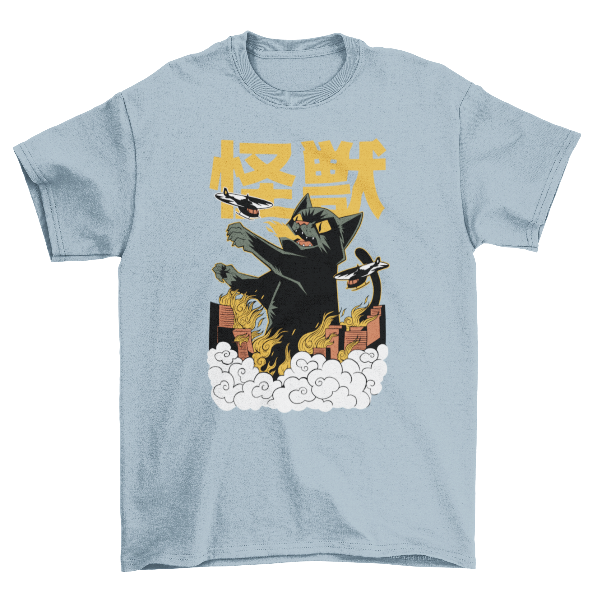 A vibrant t-shirt featuring a giant cat monster in anime style, destroying buildings.