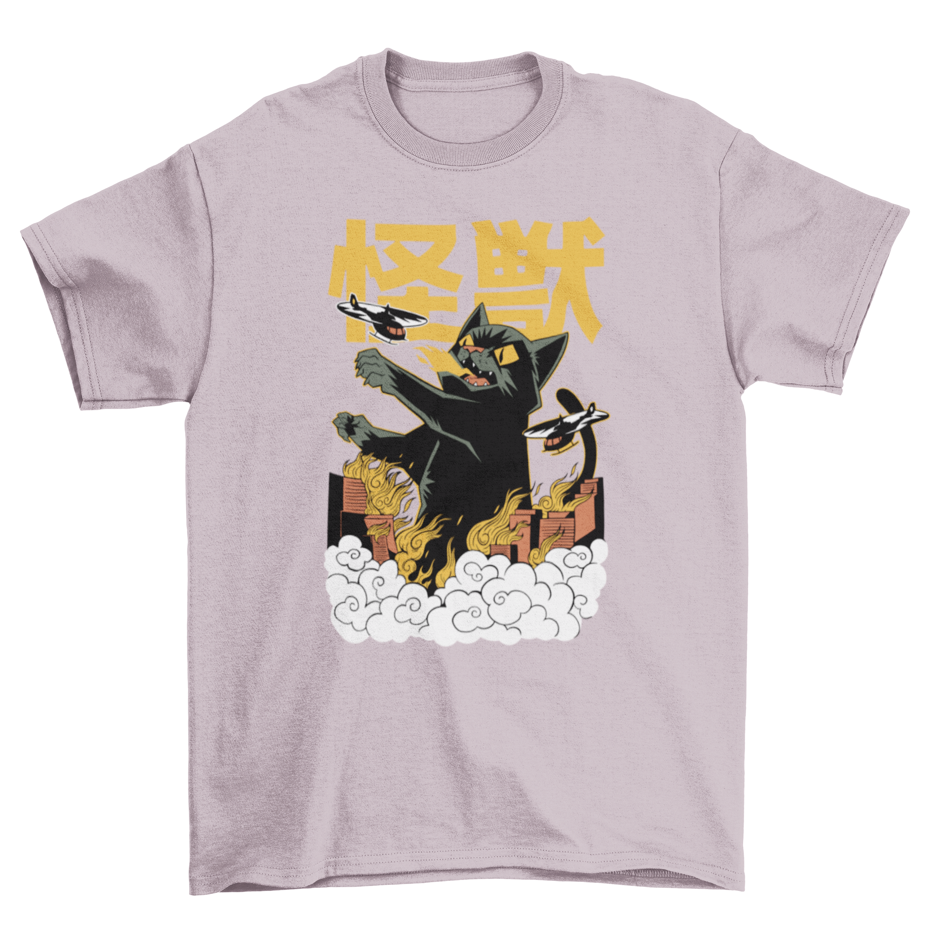 A vibrant t-shirt featuring a giant cat monster in anime style, destroying buildings.