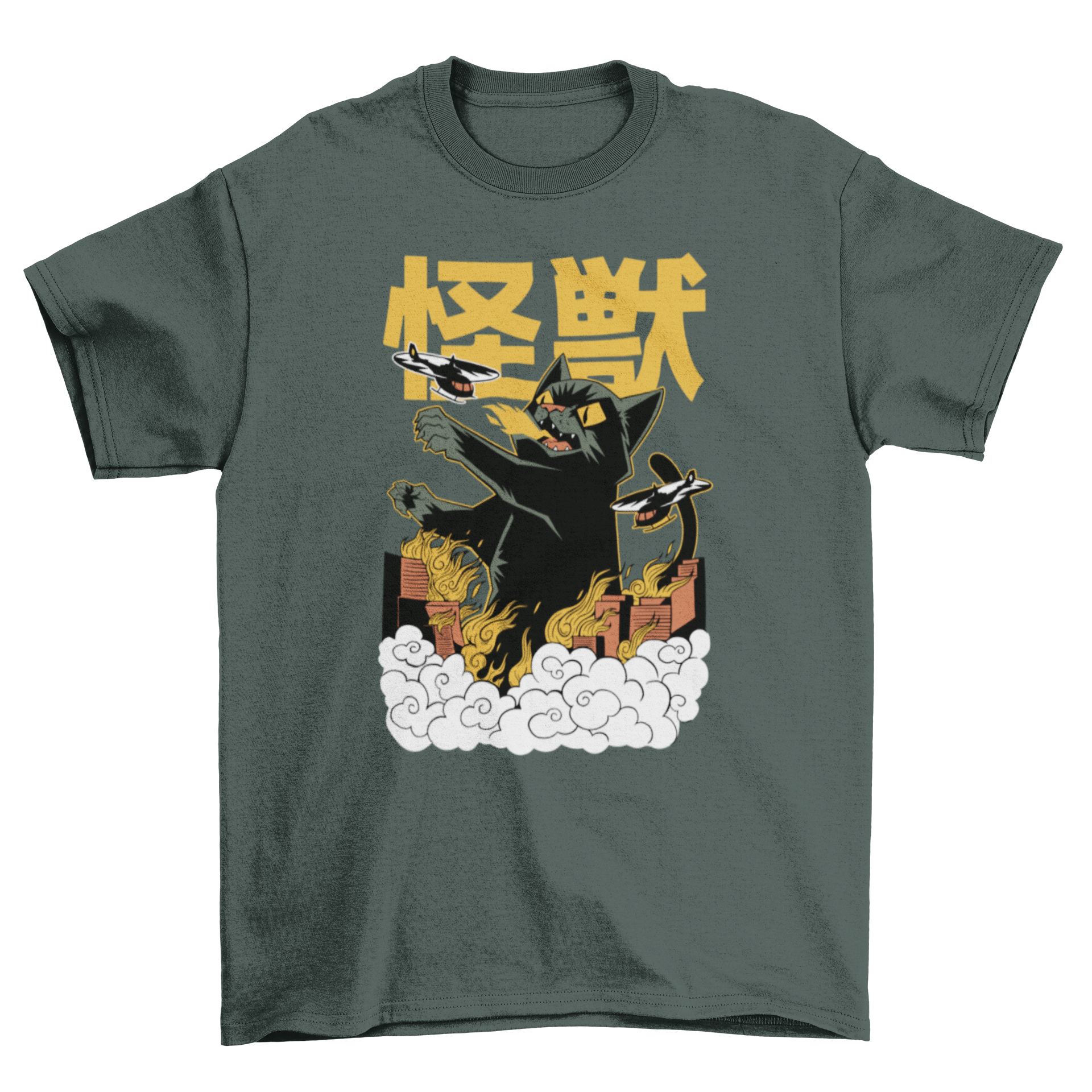 A vibrant t-shirt featuring a giant cat monster in anime style, destroying buildings.