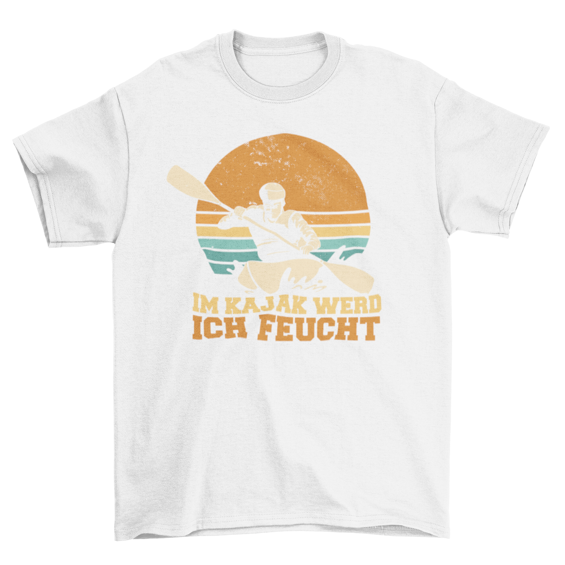 Kajak German quote t-shirt featuring a retro sunset design with the quote 'Im kajak werd ich feucht'.