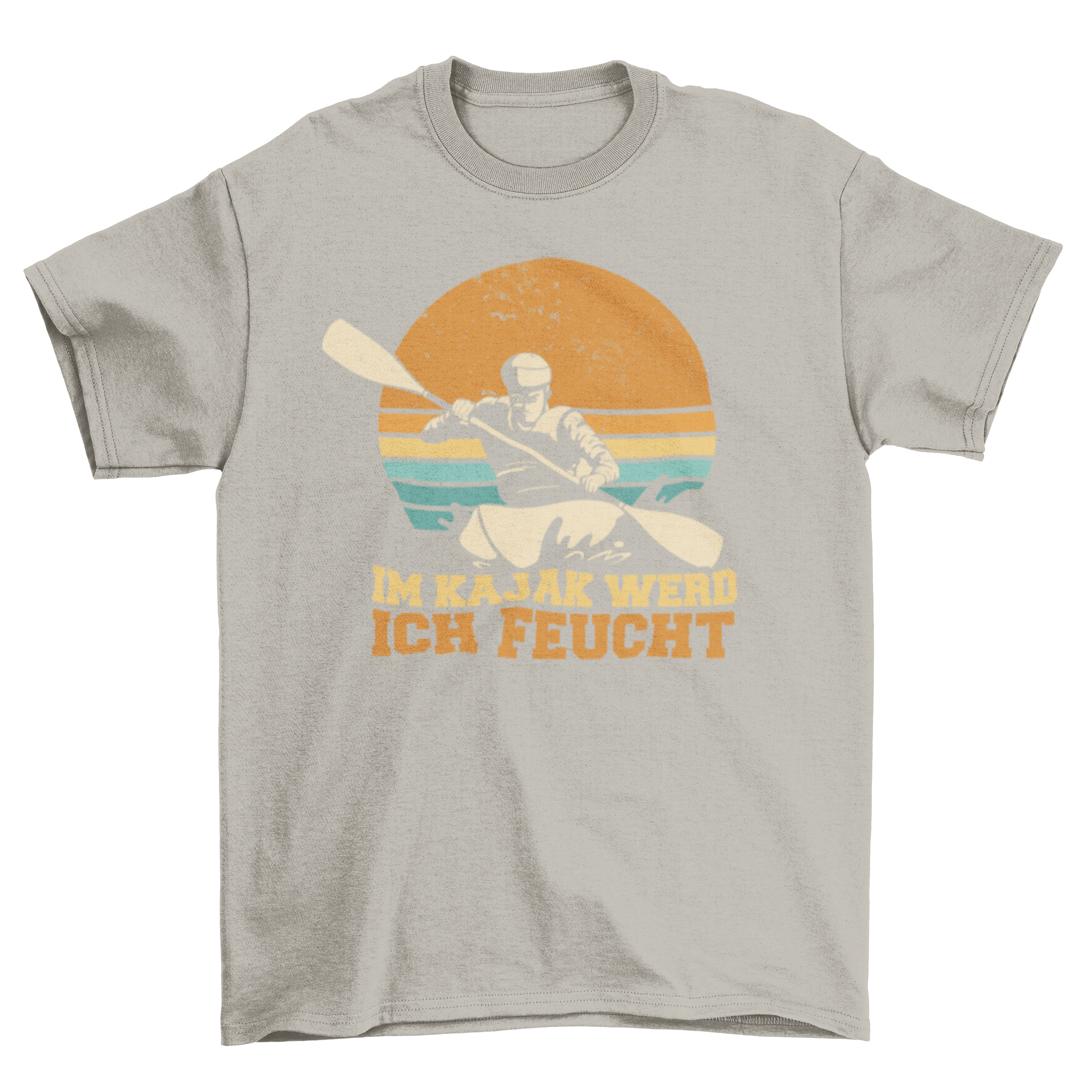 Kajak German quote t-shirt featuring a retro sunset design with the quote 'Im kajak werd ich feucht'.