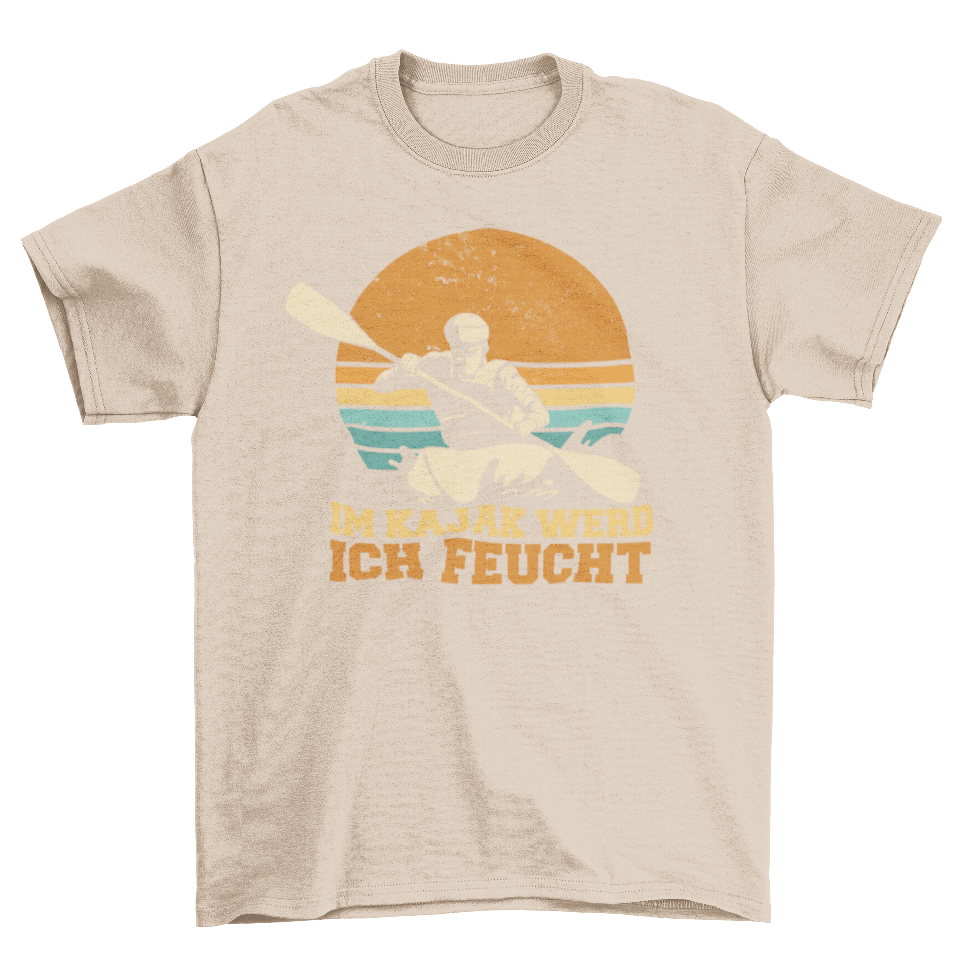 Kajak German quote t-shirt featuring a retro sunset design with the quote 'Im kajak werd ich feucht'.