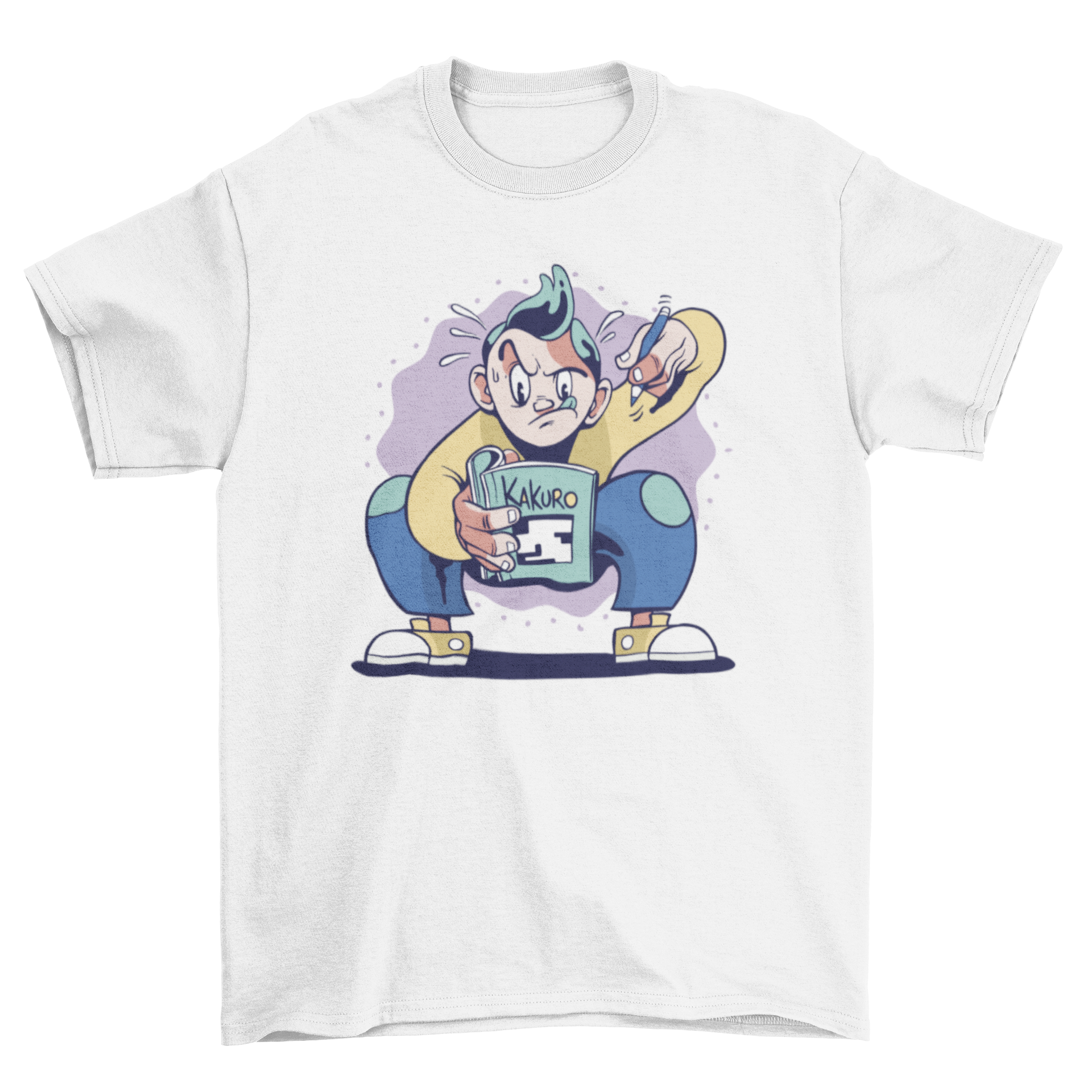 Kakuro Puzzle T-shirt featuring a boy solving puzzles on a book, showcasing a fun and engaging design.