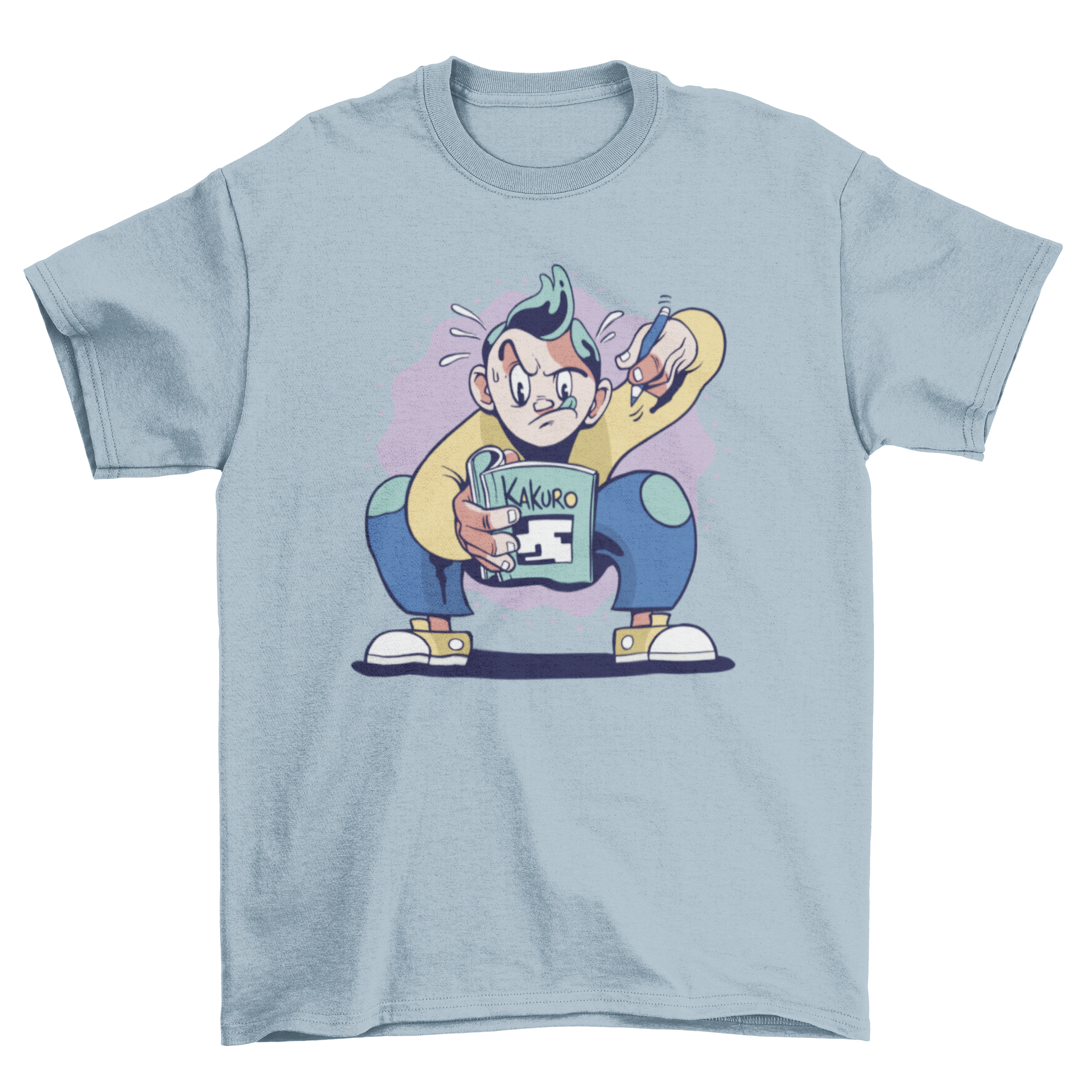 Kakuro Puzzle T-shirt featuring a boy solving puzzles on a book, showcasing a fun and engaging design.